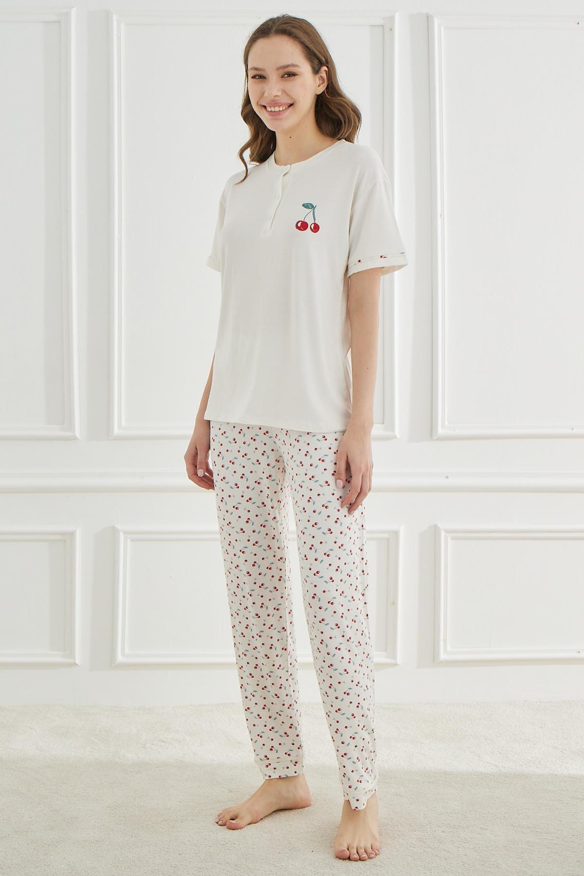 Ethnic Patterns Ekru Kısakol Kadın Pijama Takımı