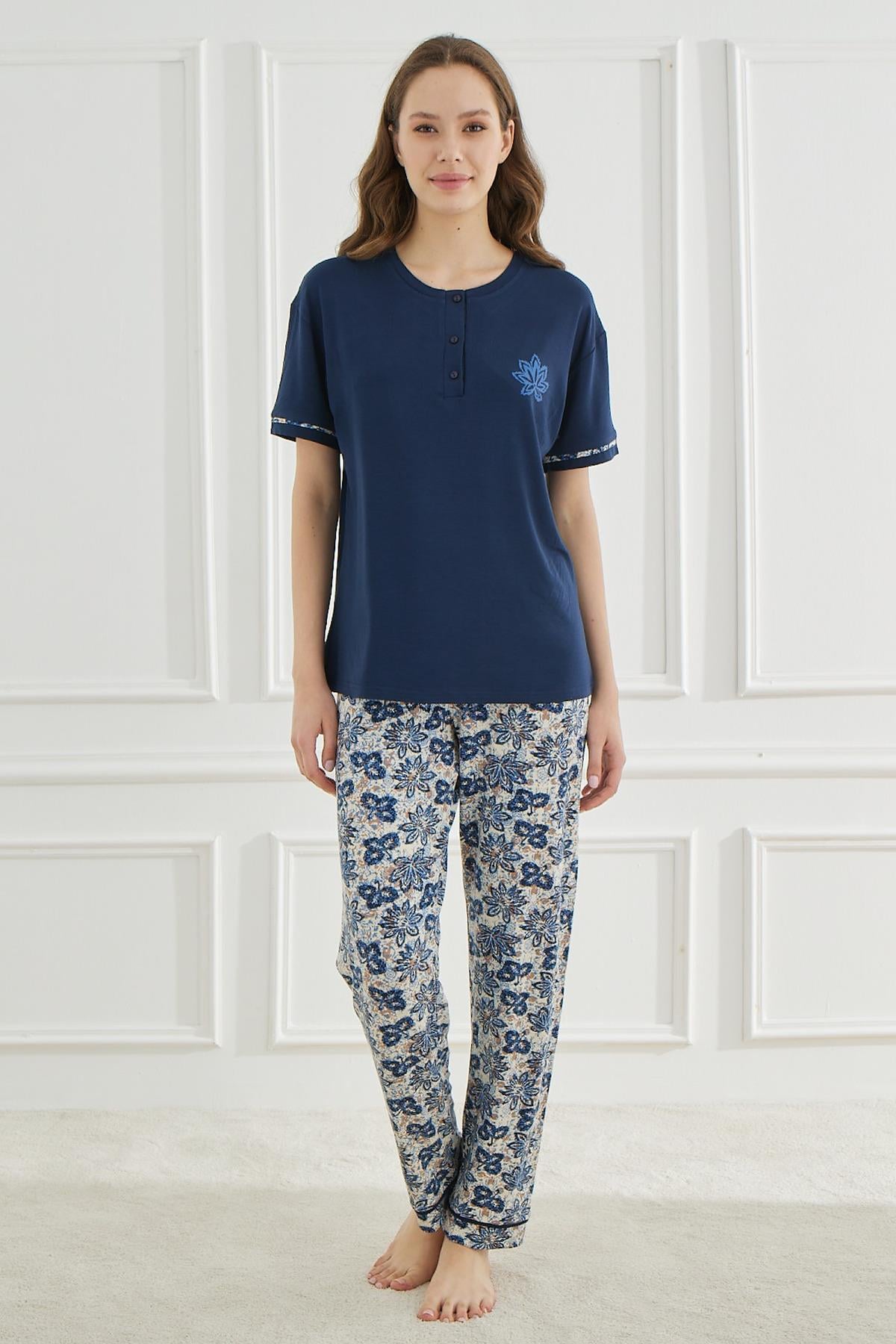 Ethnic Patterns Lacivert Kısakol Kadın Pijama Takımı