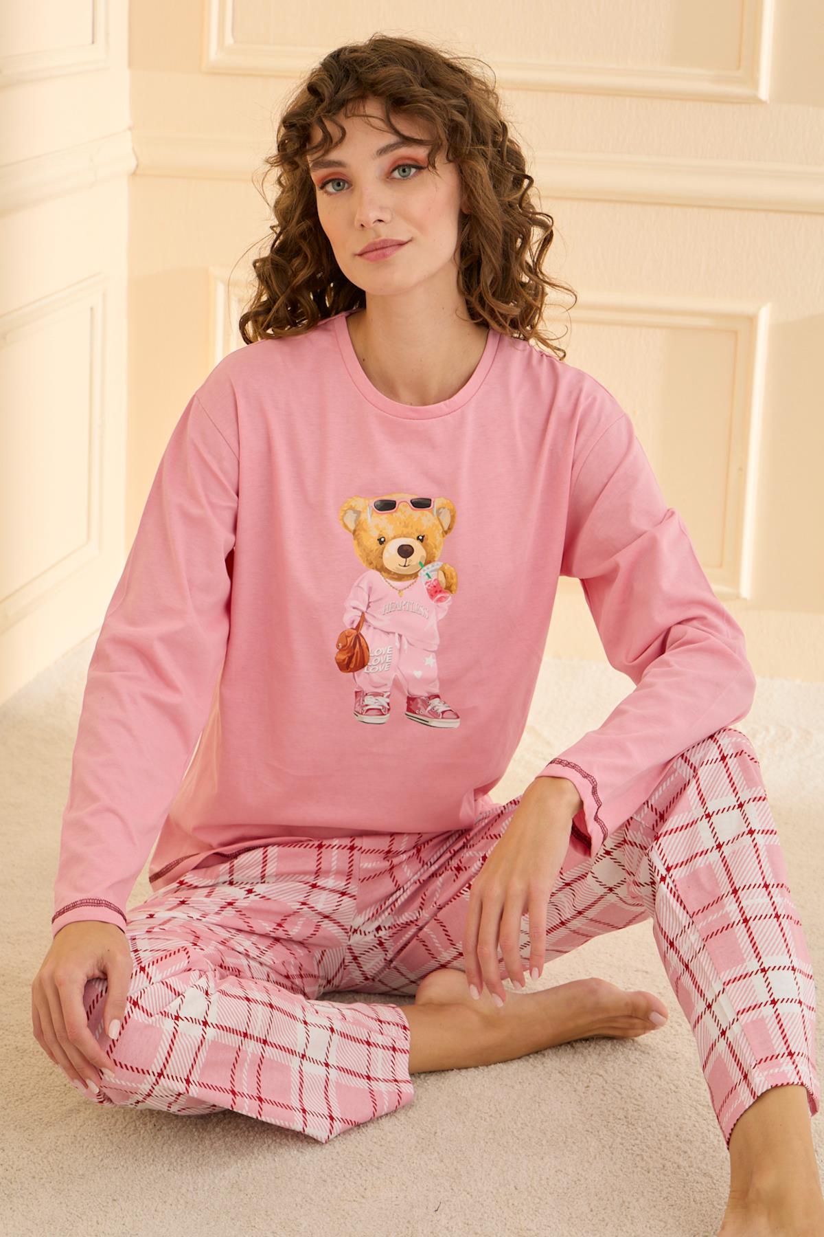Katebush %100 Pamuk Uzunkol Kadın Pembe Pijama Takımı