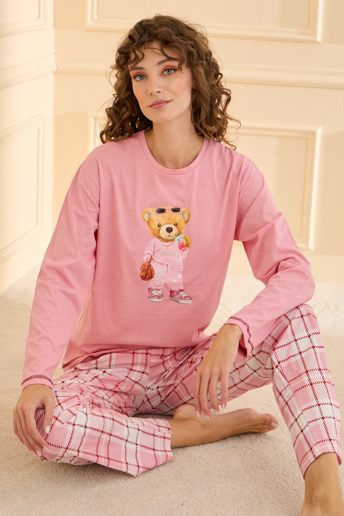 Katebush %100 Pamuk Uzunkol Kadın Yeşil Pijama Takımı