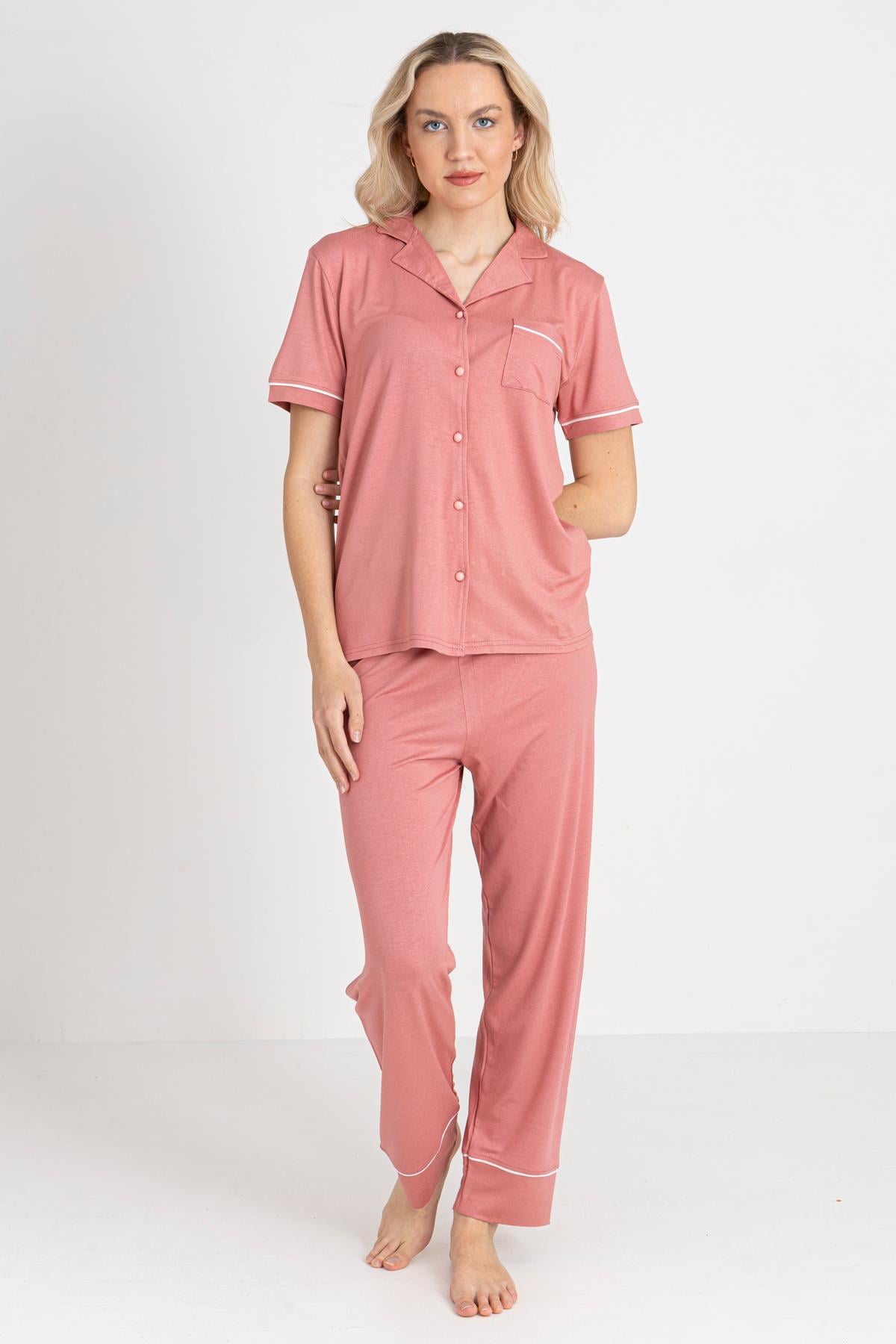 Massion Lairy Düğmeli Kısakol Kadın Pudra Pijama Takımı