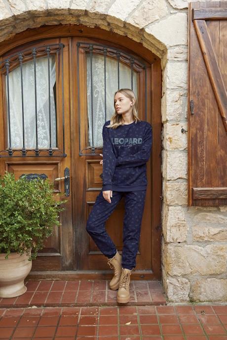 Navy Blue Leopard Pamuklu Pijama Takımı