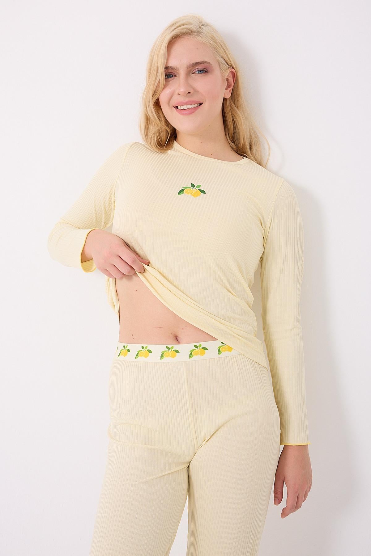 Peggy Dennis Detay İnce Slim Uzunkol Kadın Sarı Pijama Takımı