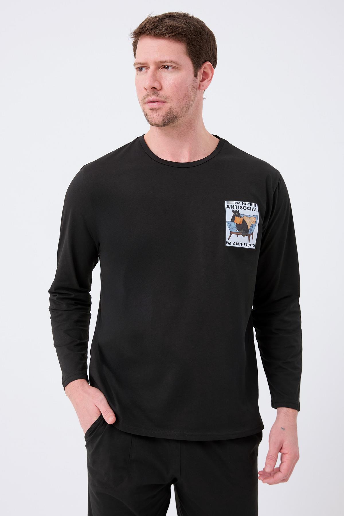 Rodfrey Linden %100 Pamuk Uzunkol Erkek Siyah Pijama Takımı