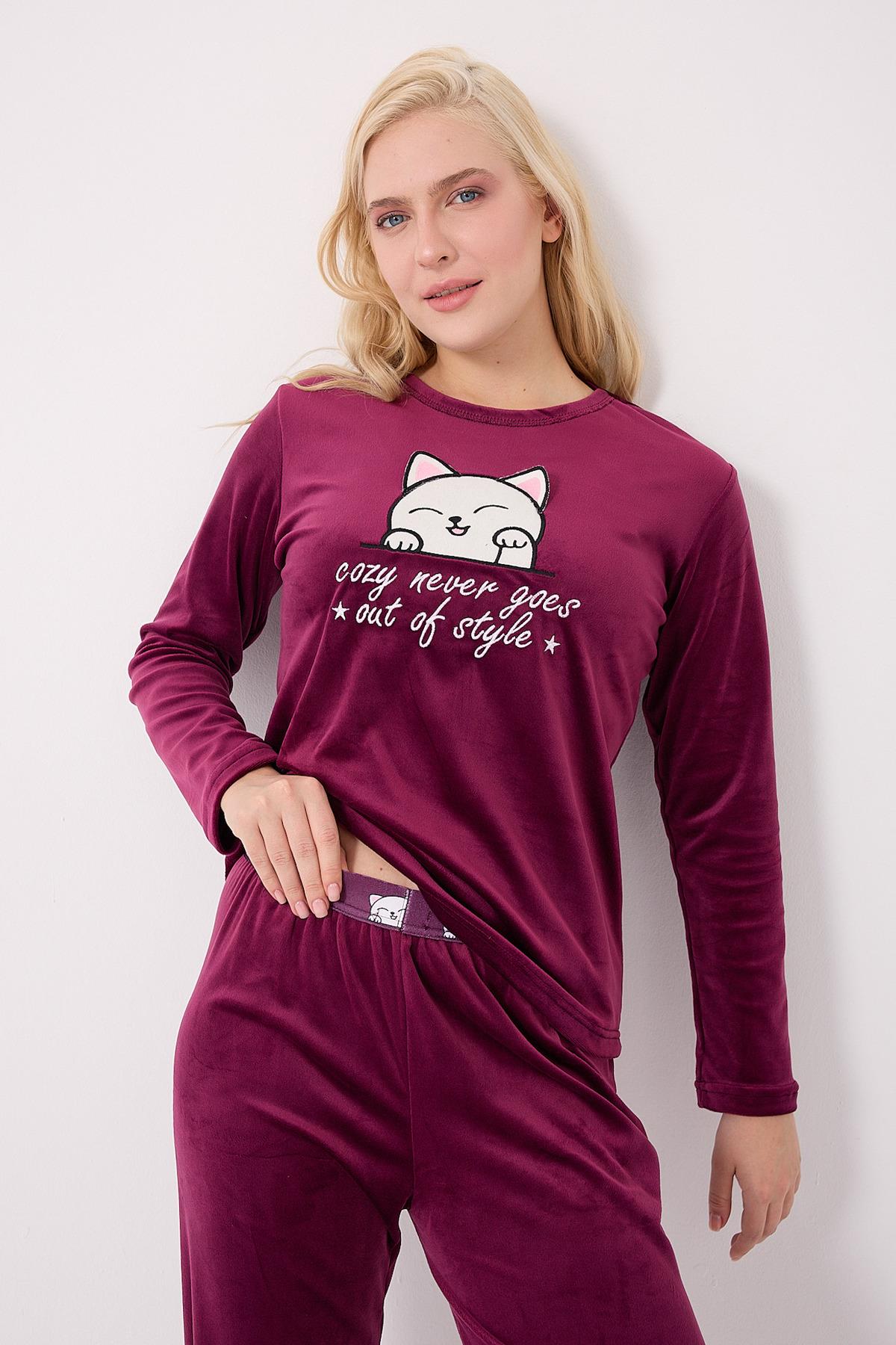 Stella Lauren Kadife Uzunkol Kadın Mürdüm Pijama Takımı