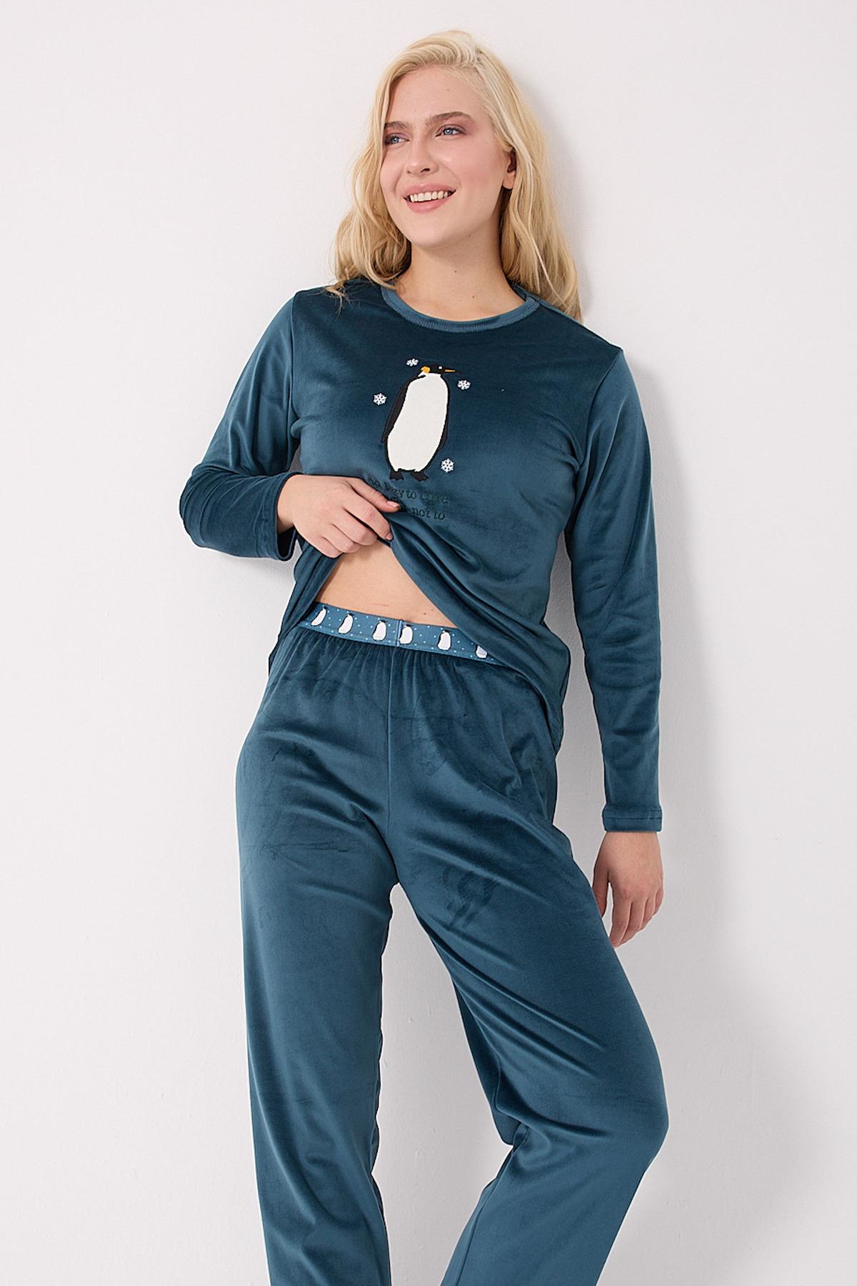 Stella Lauren Kadife Uzunkol Kadın Petrol Pijama Takımı