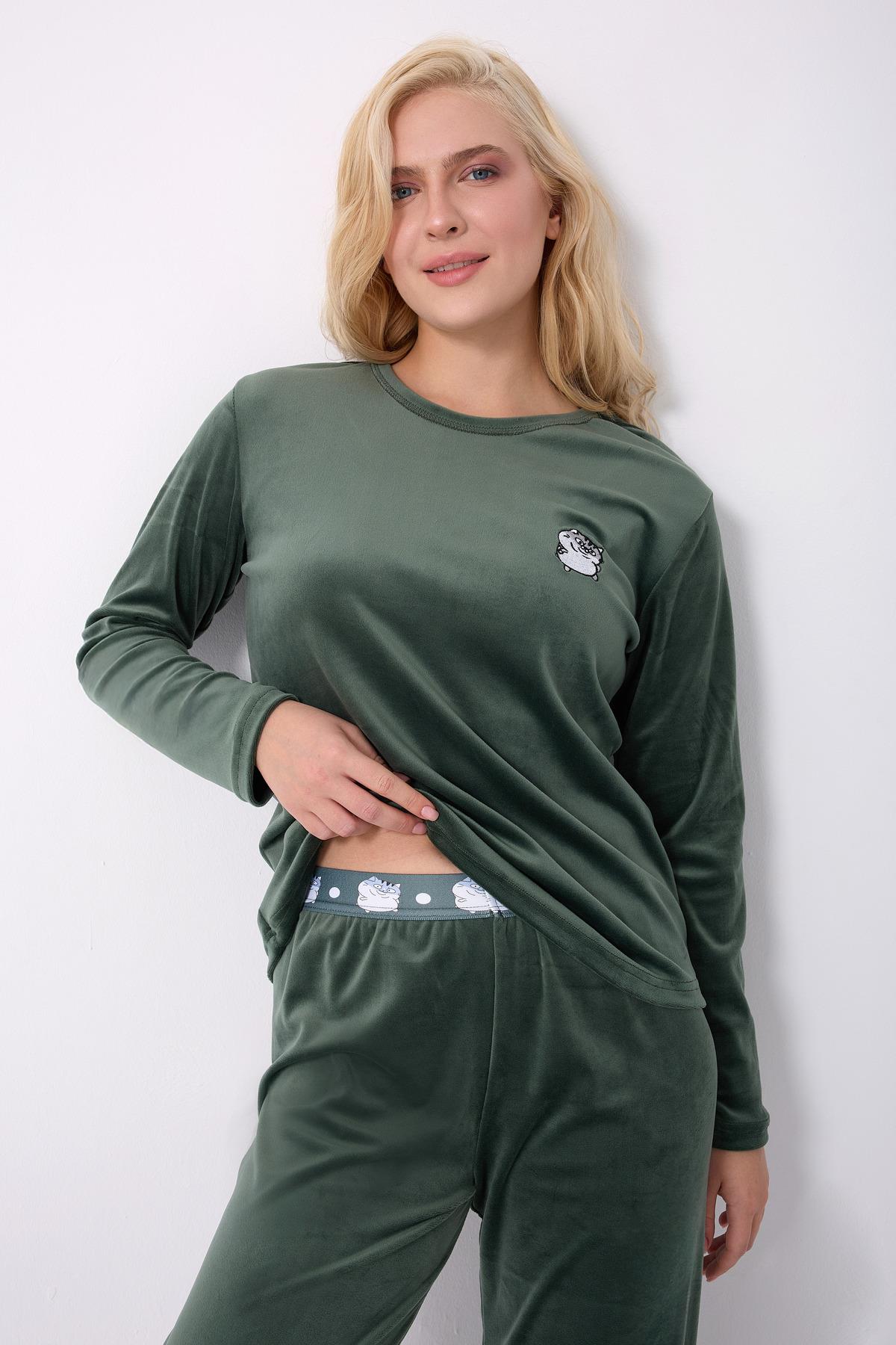 Stella Lauren Kadife Uzunkol Kadın Yeşil Pijama Takımı