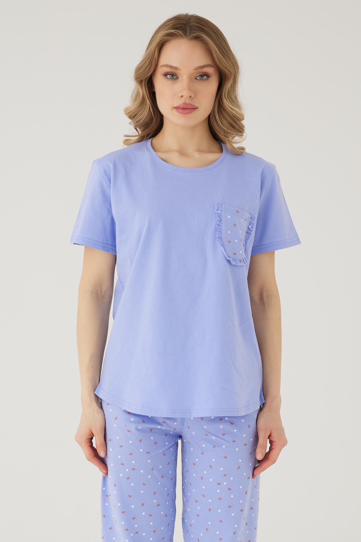 Wishes Comfort Kısakol %100 Pamuk Kadın Mind Mavi Pijama Takımı