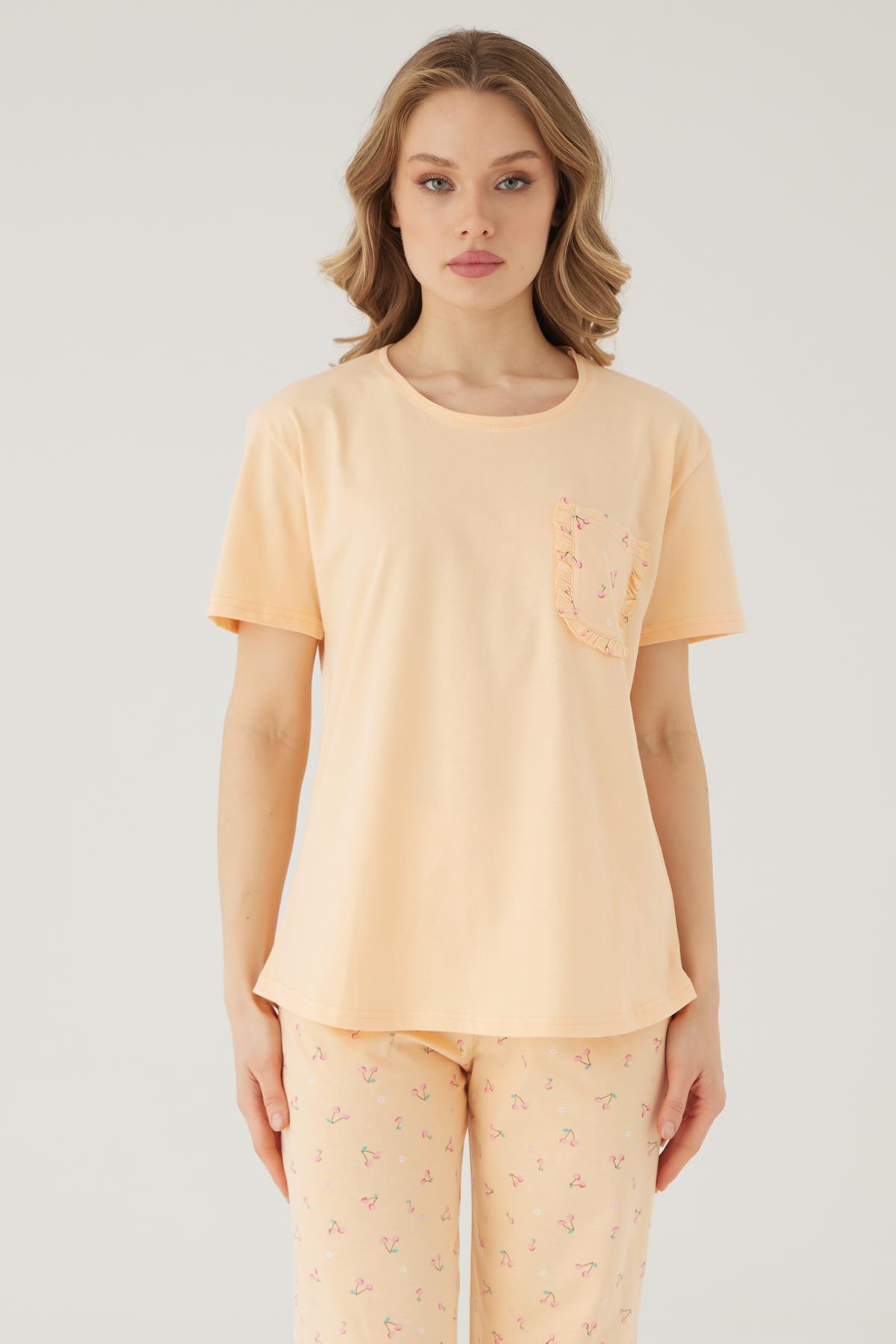 Wishes Comfort Kısakol %100 Pamuk Kadın Turuncu Pijama Takımı