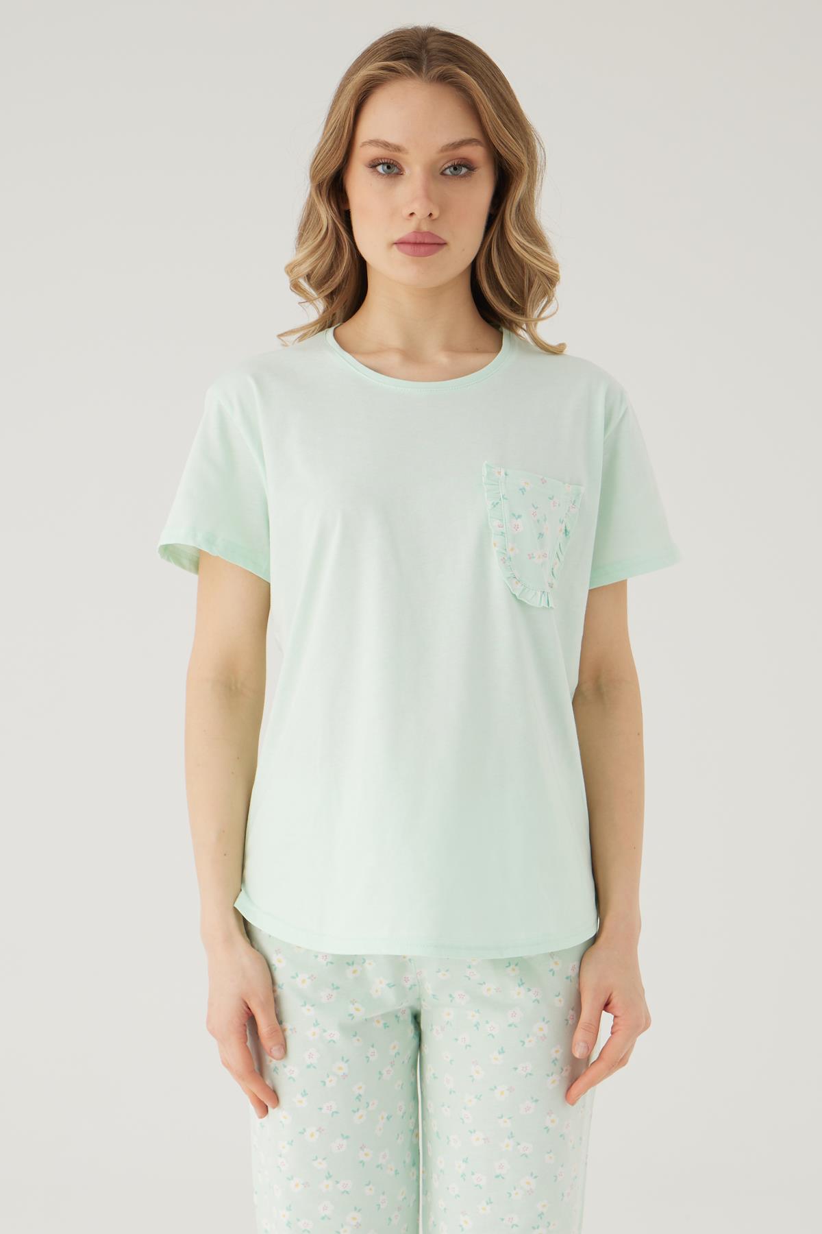 Wishes Comfort Kısakol %100 Pamuk Kadın Yeşil Pijama Takımı