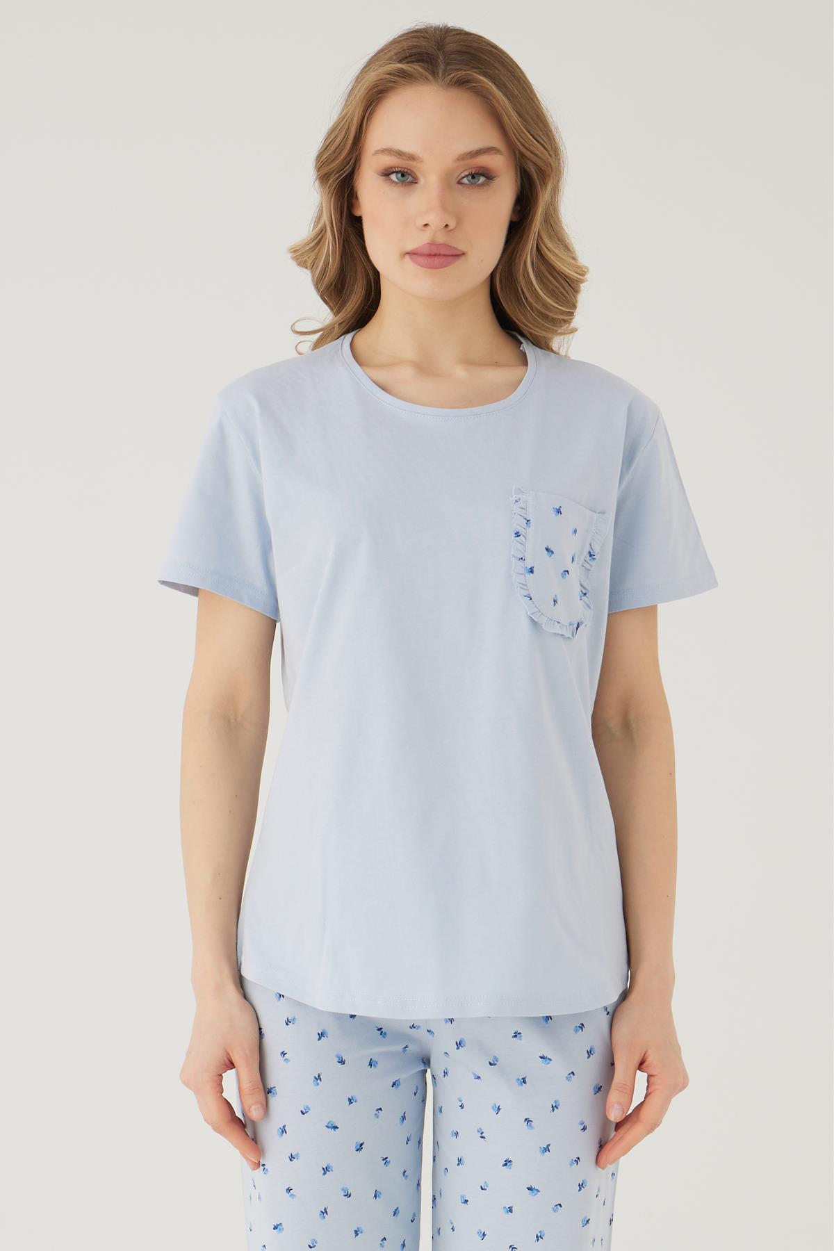 Wishes Comfort Kısakol %100 Pamuk Kadın Mavi Pijama Takımı