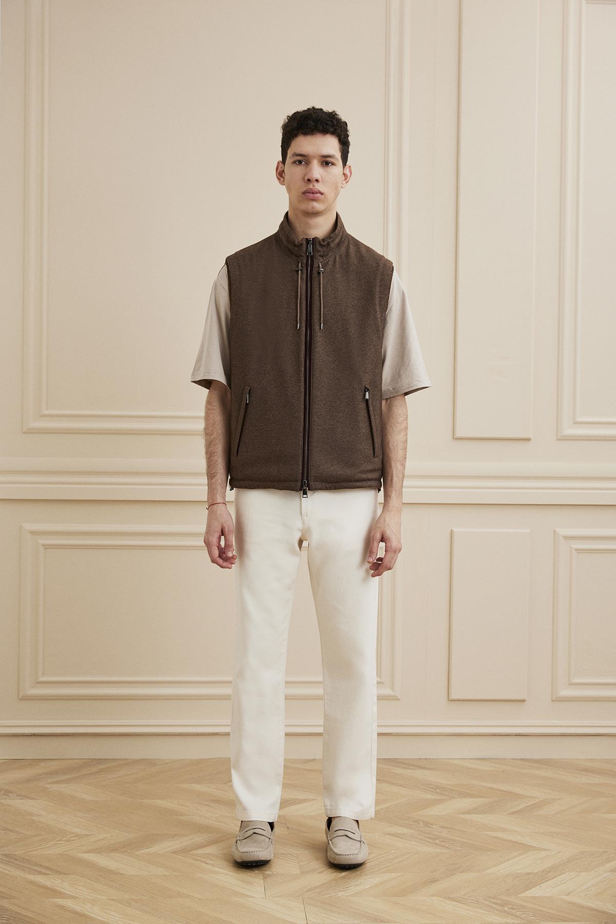 Shaky Men's Loro Piana 50%Cashmere 50%Silk Single jersey-Sunset Fabric Waistcoat Brown