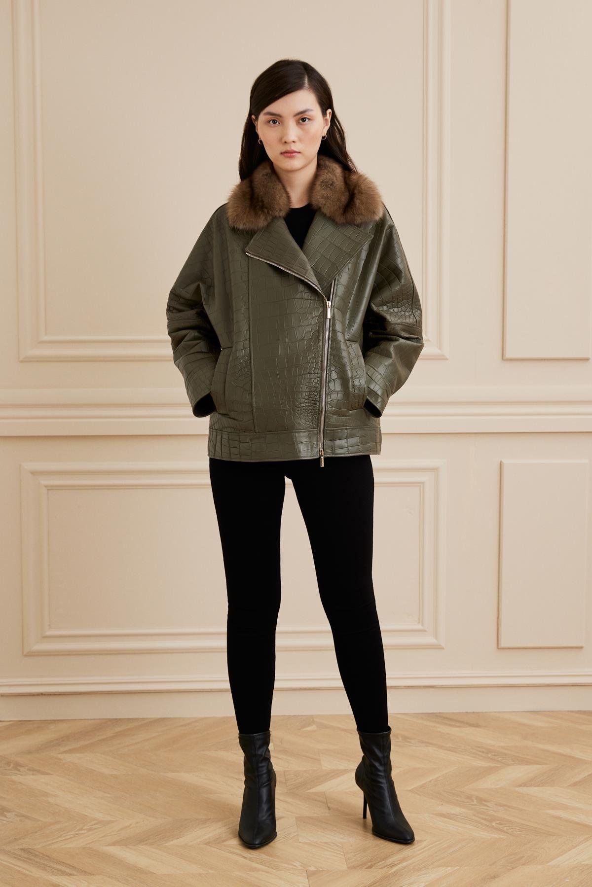 Shaky Women's Crocodile Jacket with  Lynx trimming Khaki Niloticus