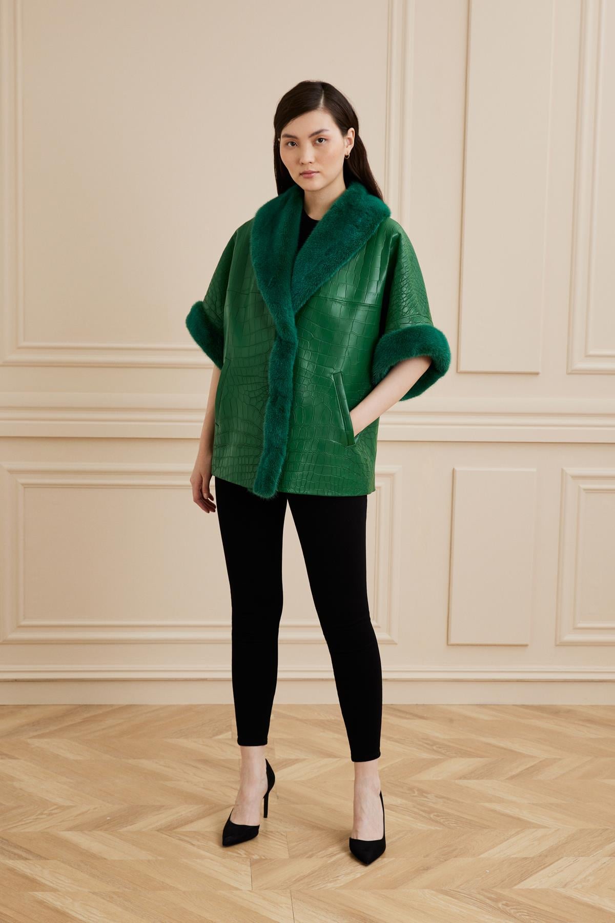 Shaky Women's Crocodile Waistcoat With Mink Trimming Deep Green