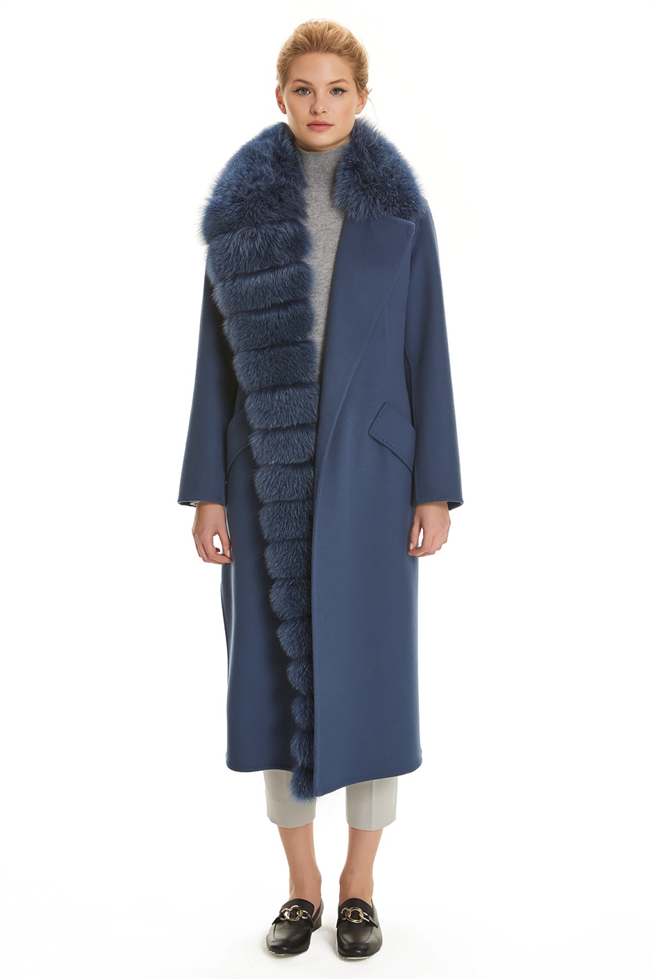 Shaky Women's Isea 95% Wool 5% Cashmere Fabric Coat with Fox trimming