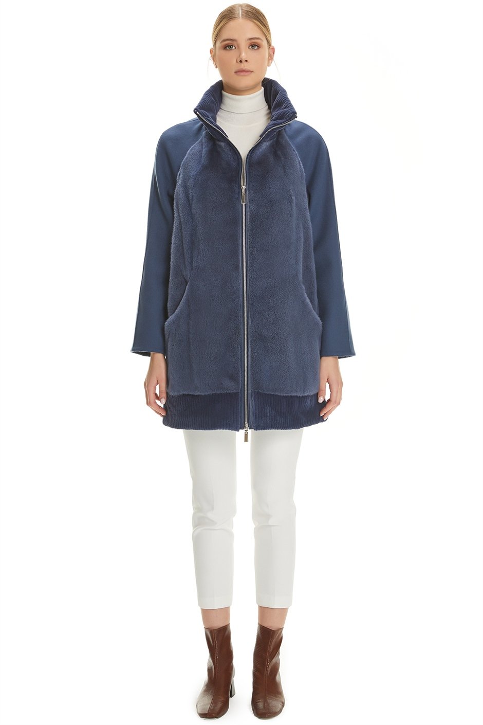 Shaky Women's Isea 95% Wool 5% Cashmere Fabric Short Coat with Mink trimming