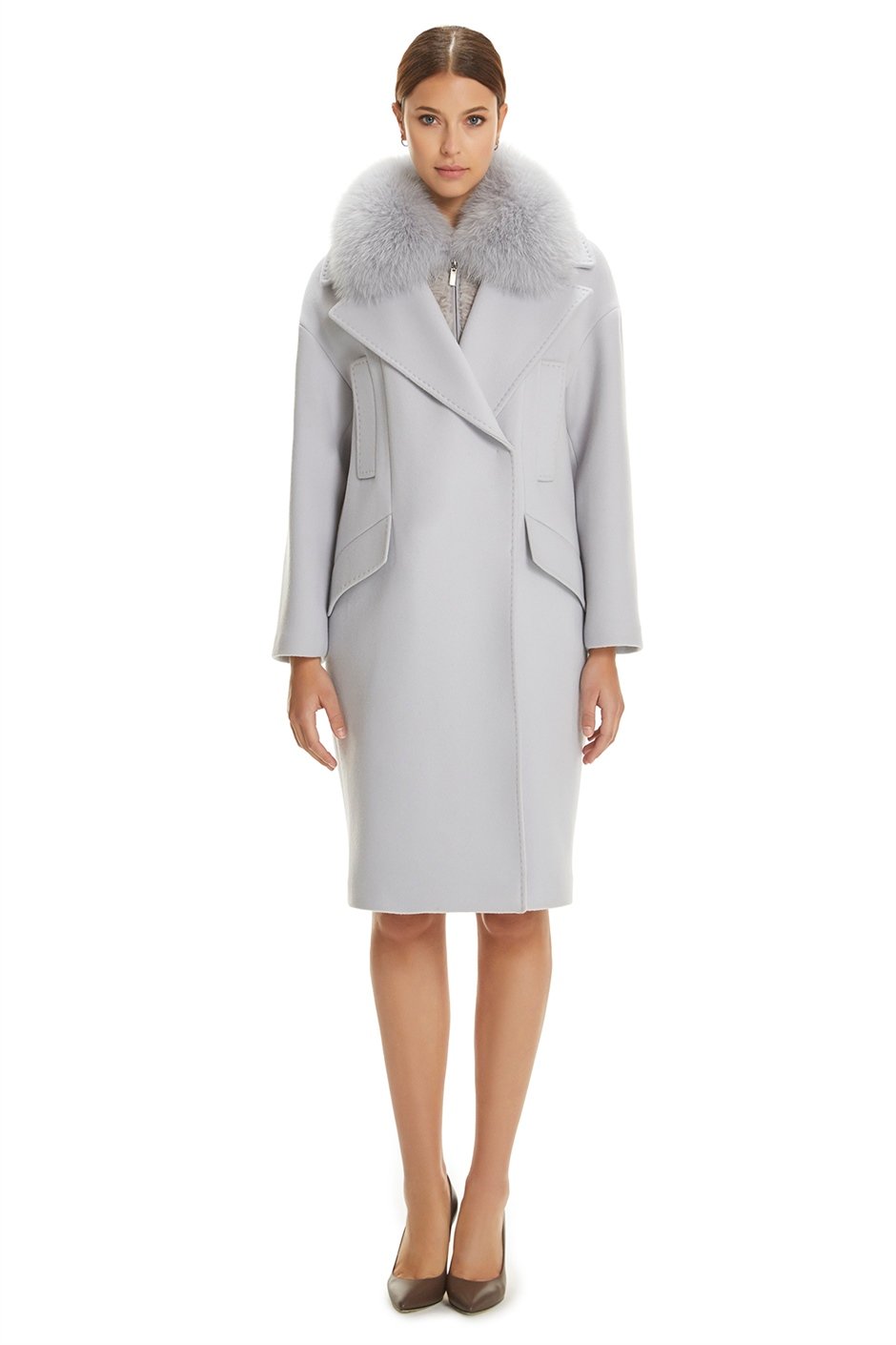 Shaky Women's Isea 95% Wool 5% Cashmere Fabric Short Coat with Astraghan and Fox trimming