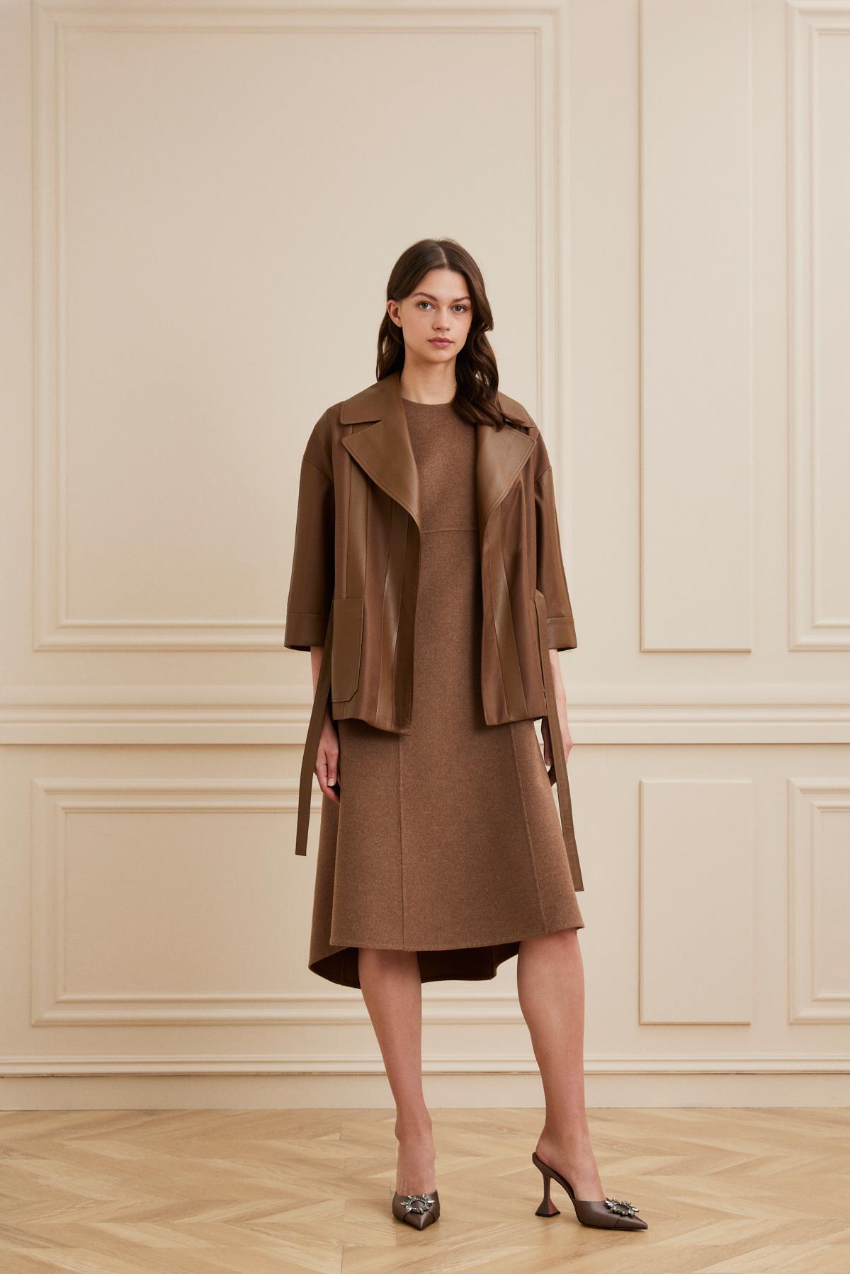 Shaky Women's Leather and Loro Piana 95% Wool 5% Silk Fabric Jacket Cognac