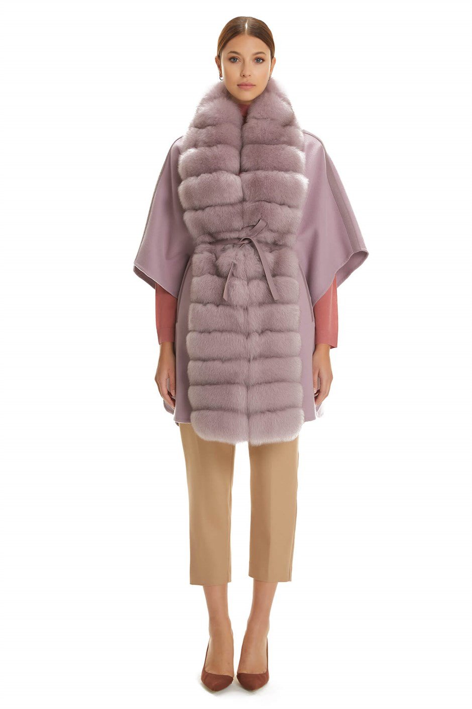 Shaky Women's Loro Piana 100% Wool Fabric Cape with Fox trimming Lilac