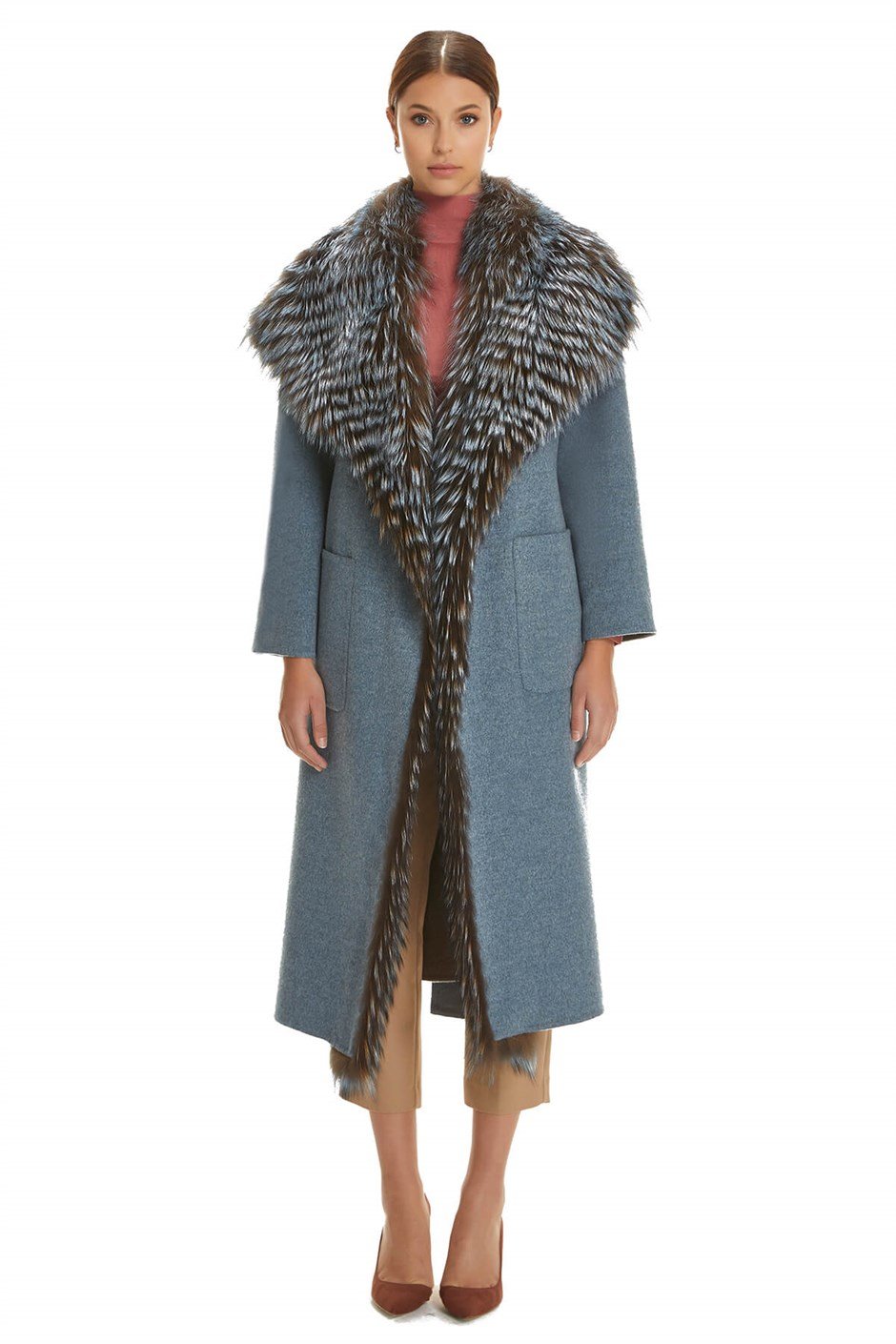 Shaky Women's Loro Piana 100% Wool Fabric Coat with Fox trimming Camel/Blue