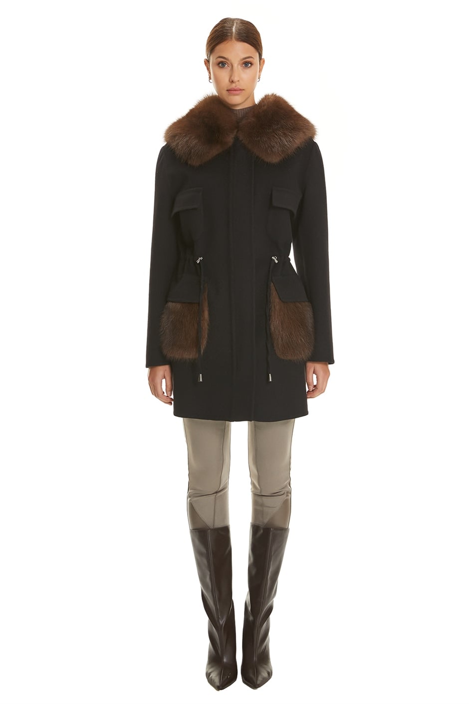 Shaky Women's Loro Piana 100% Wool Fabric Short Coat with Sable trimming