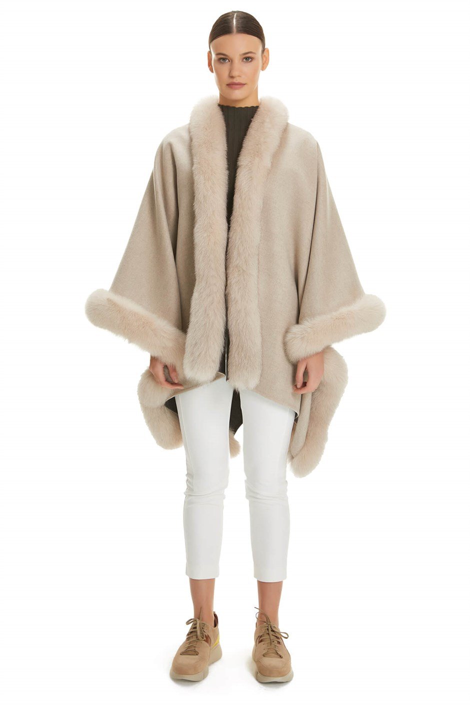 Shaky Women's Loro Piana 100% Wool Fabric Scarf with Fox trimming Beige/Grey