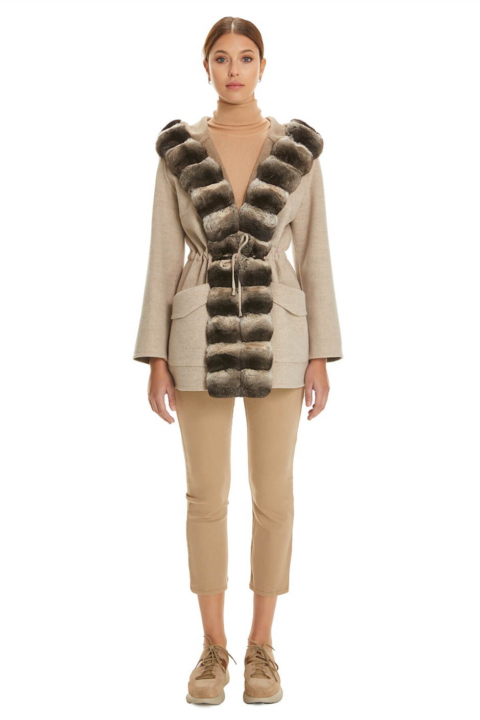 Shaky Women's Loro Piana 100% Wool Fabric Jacket with Chinchilla trimming Beige/Camel