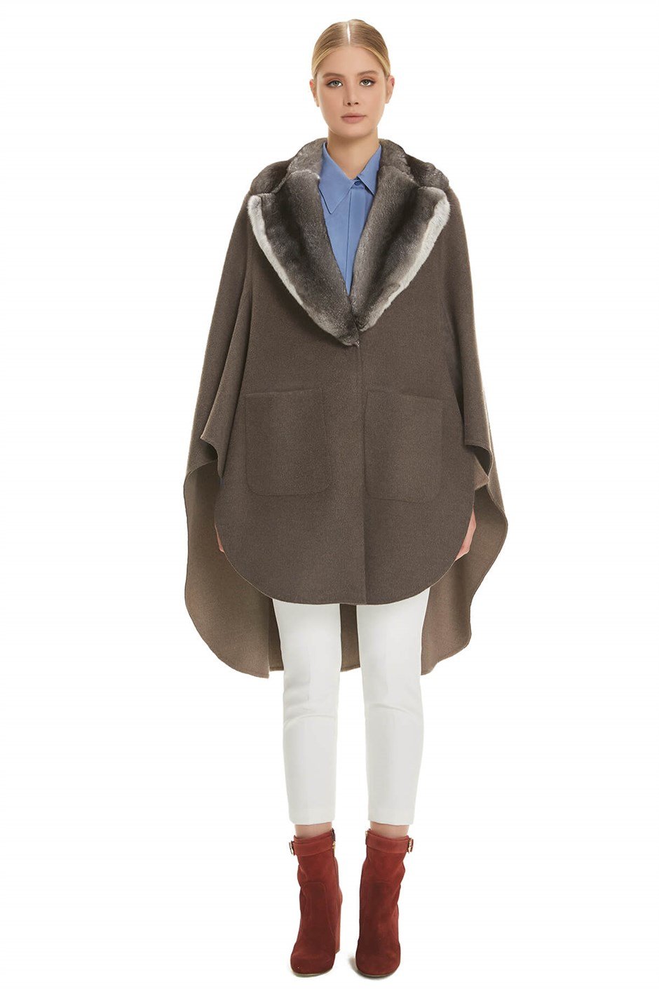 Shaky Women's Loro Piana 70% Wool 30% Cashmere Cape with Chinchilla trimming Vizon/Brown