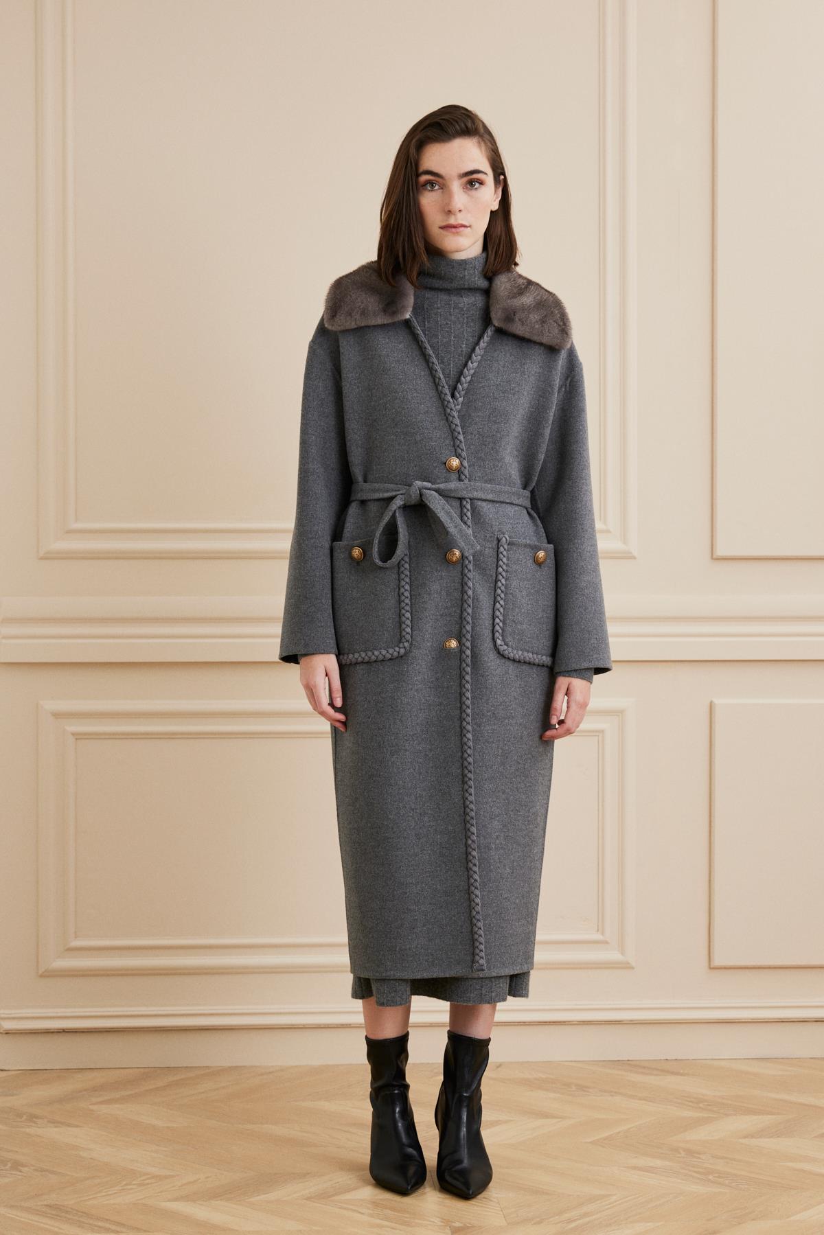 Shaky Women's Loro Piana 93% Wool 7% Cashmere Fabric Coat With Mink Trimming Dark Grey