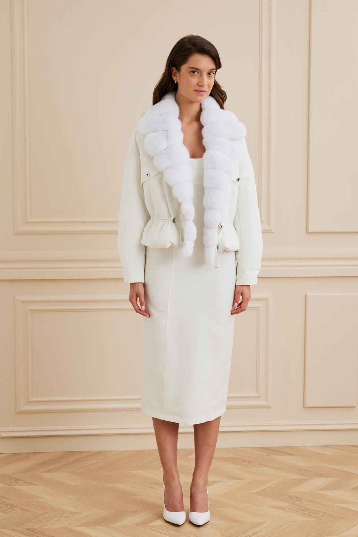 Shaky Women's Nylon Fabric Jacket With Chincilla Trimming Off White