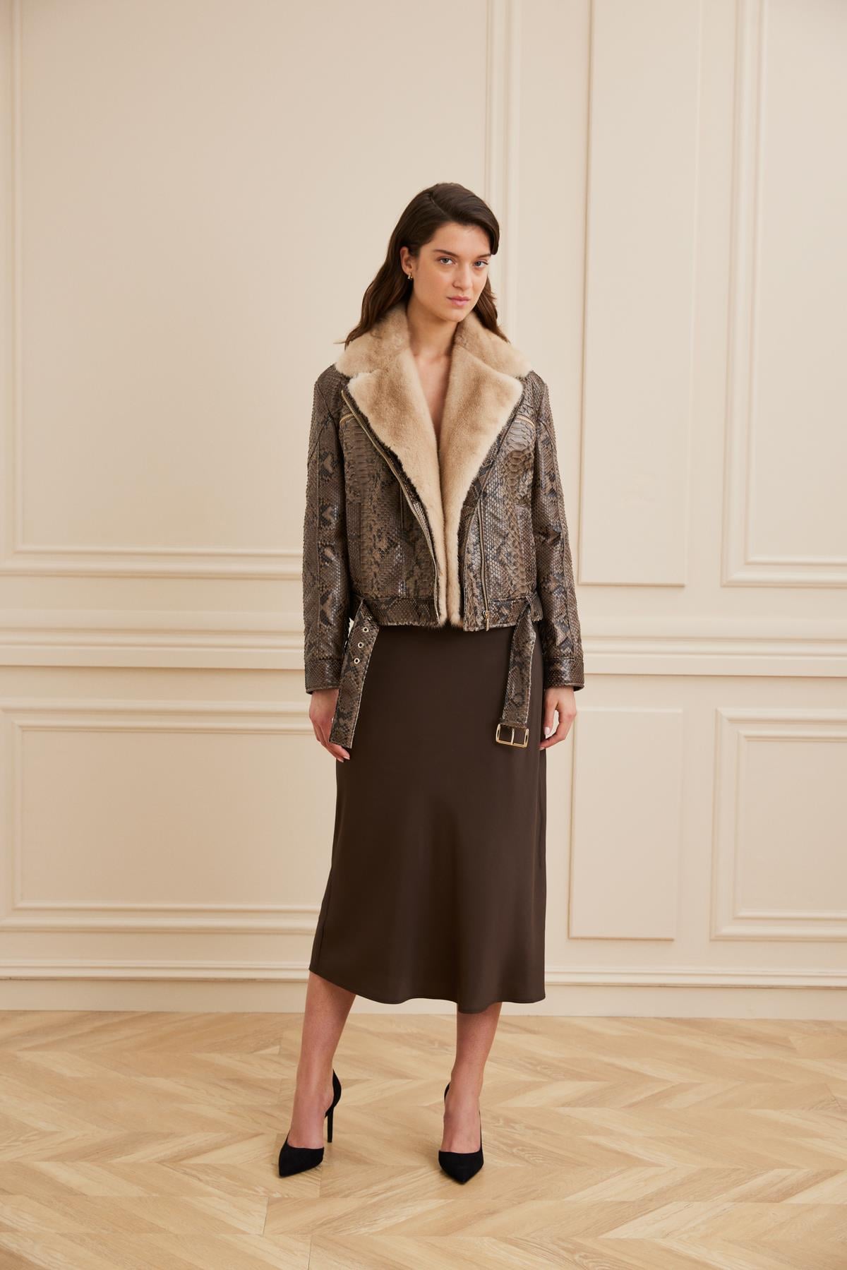Shaky Women's Python Jacket With Mink Trimming Unbleached Beige