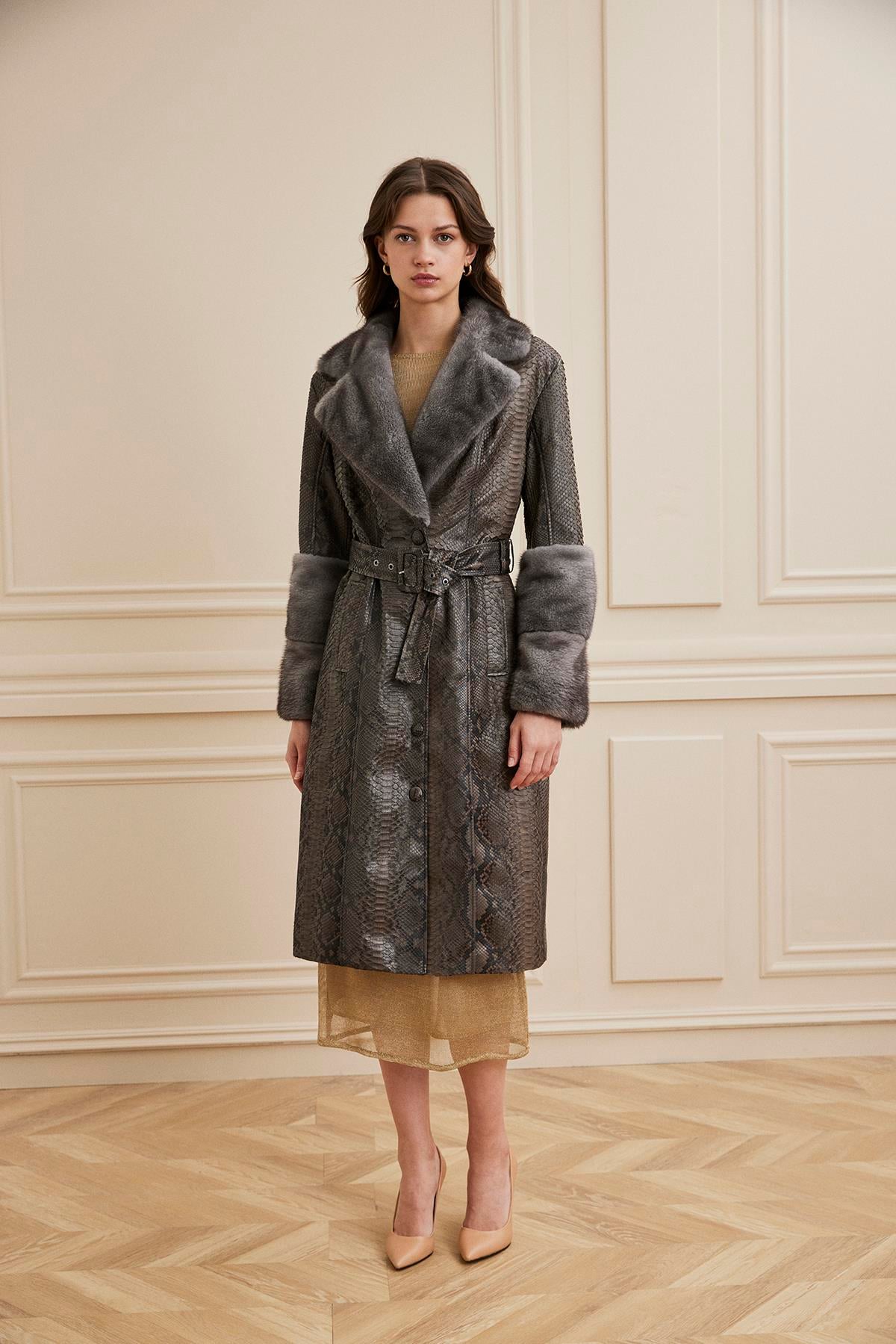 Shaky Women's Python Short Coat With Mink Trimming Dark Grey