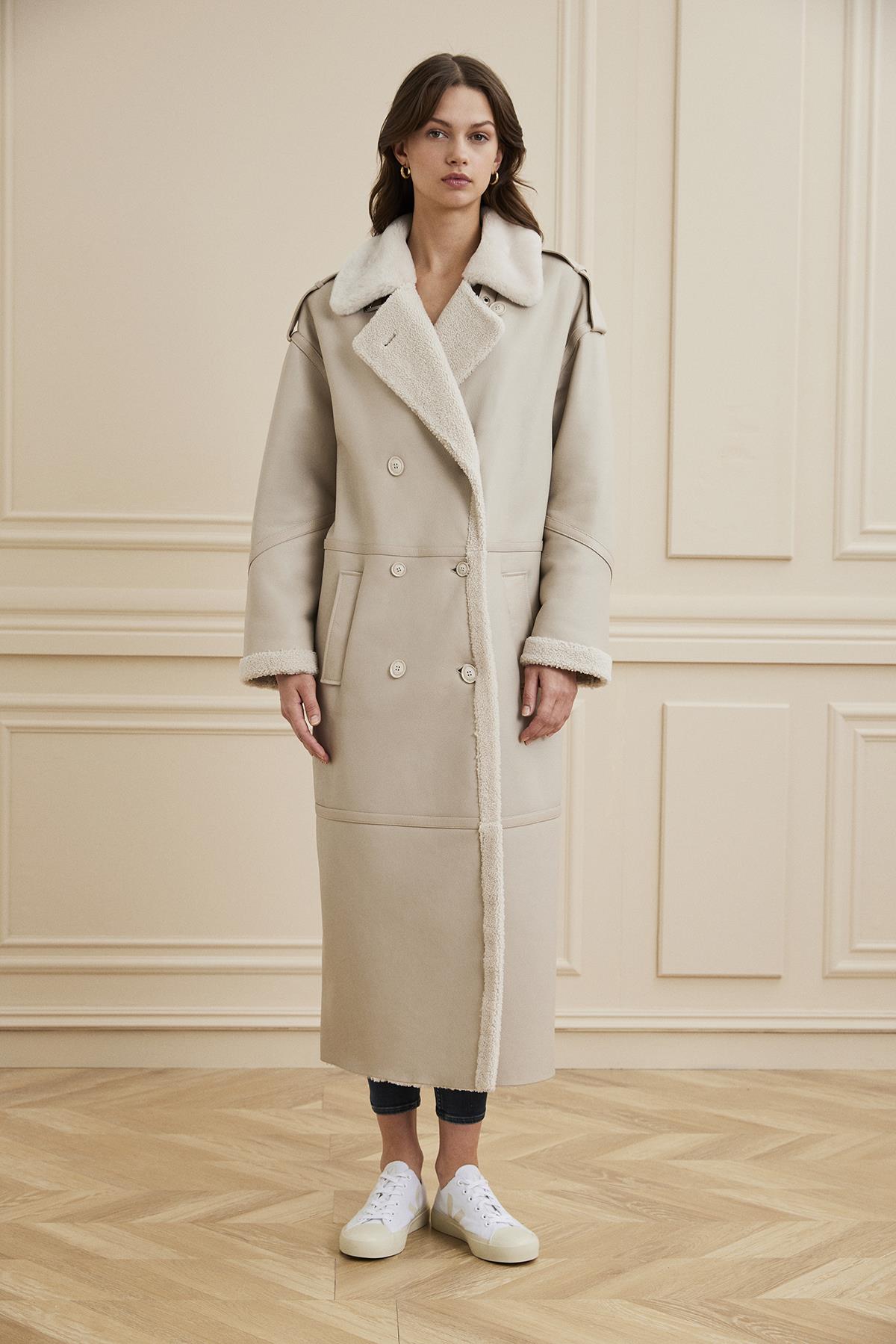 Shaky Women's Shearling Coat with Textile trimming Beige/TT5081