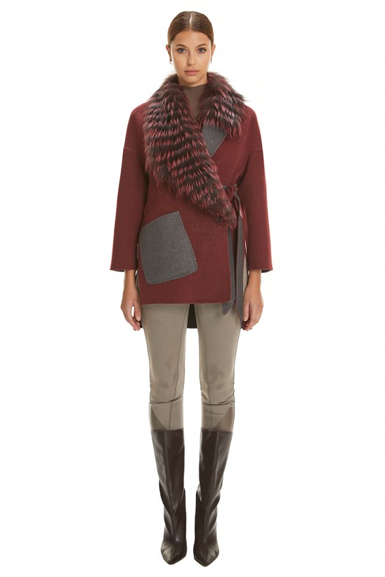 Shaky Women's Loro Piana 100% Wool Fabric Jacket with Fox trimming Claret Red/Grey