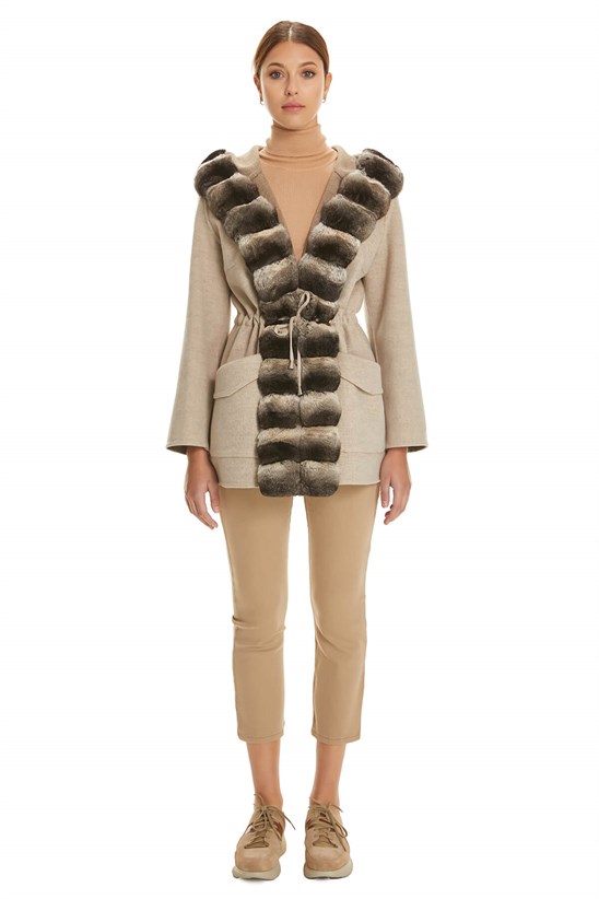 Shaky Women's Loro Piana 100% Wool Fabric Jacket with Chinchilla trimming Beige/Camel