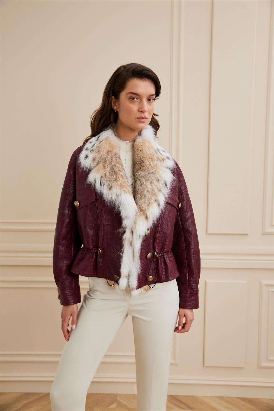 Shaky Women's Crocodile Jacket with  Lynx trimming Bordo Niloticus
