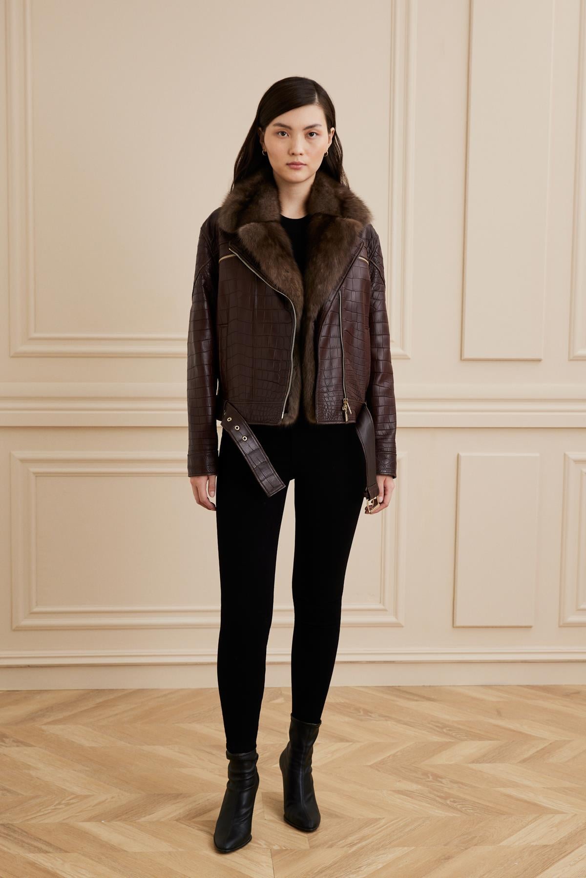 Shaky Women's Crocodile Jacket With Sable Trimming Dark Brown