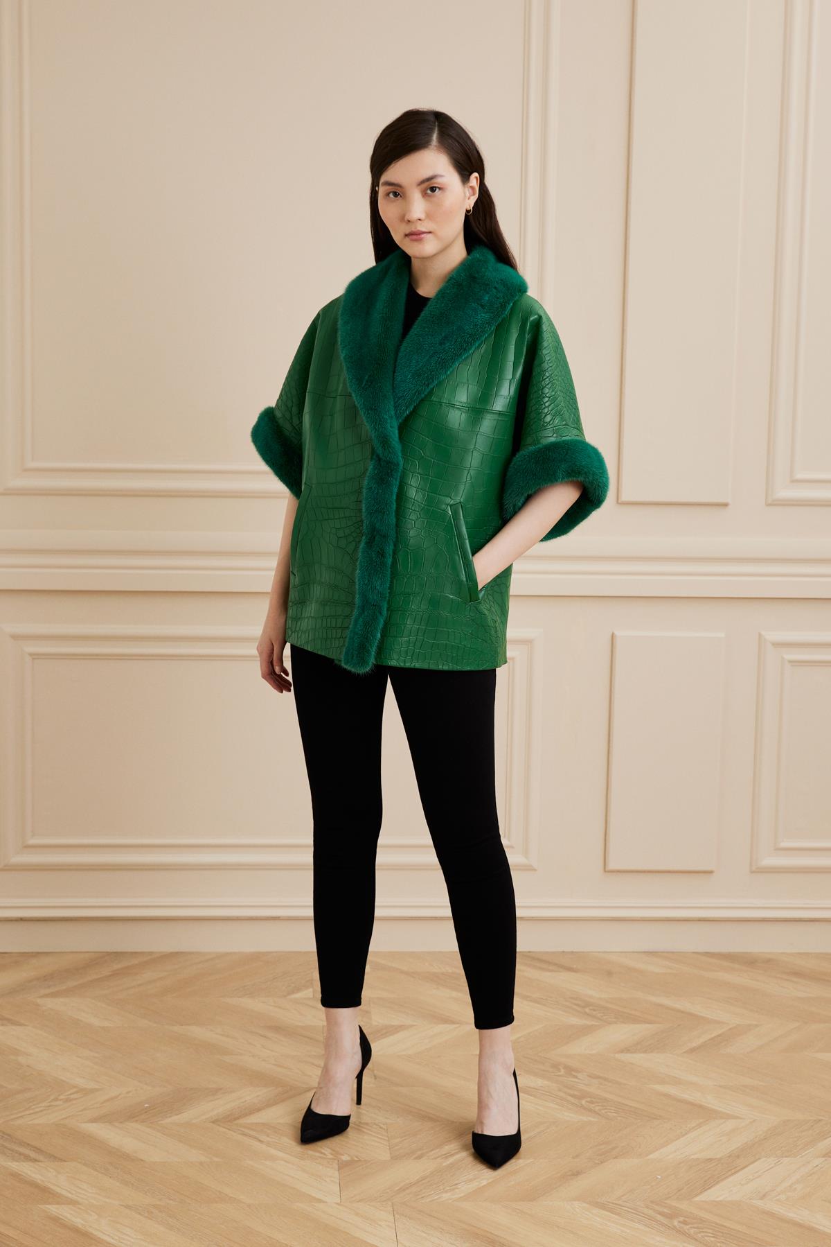 Shaky Women's Crocodile Waistcoat With Mink Trimming Deep Green