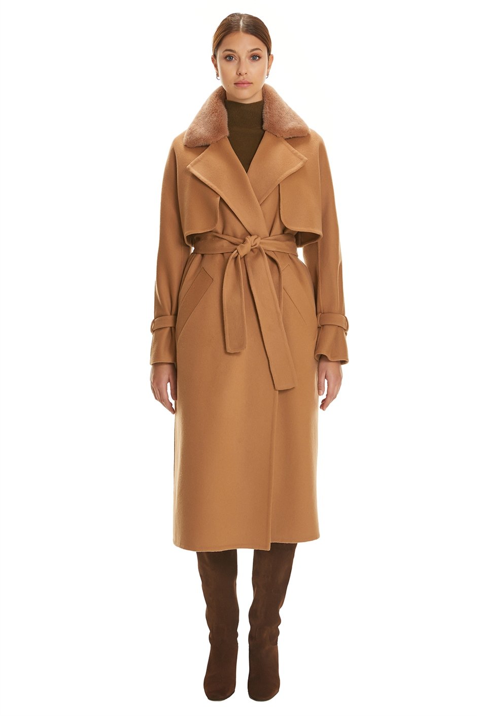 Shaky Women's Isea 95% Wool 5% Cashmere Fabric Coat with Mink trimming