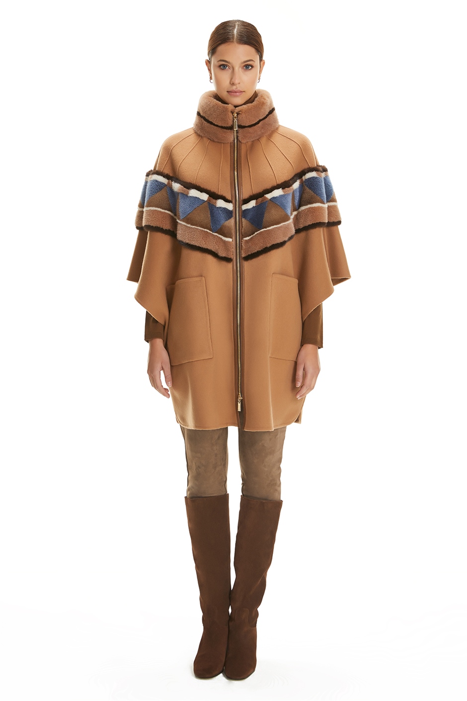 Shaky Women's Isea 95% Wool 5% Cashmere Fabric Cape with Mink trimming