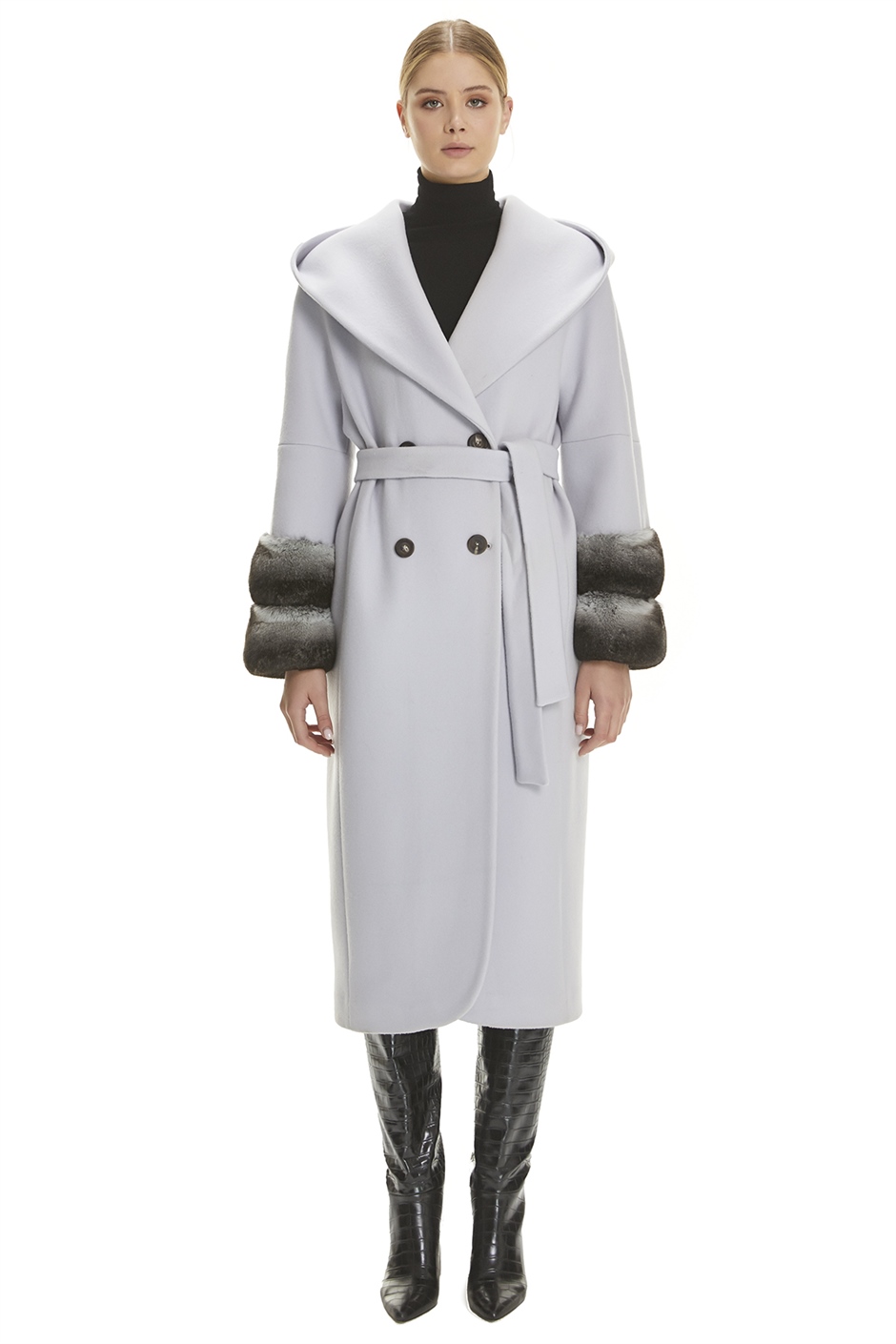 Shaky Women's Isea 95% Wool 5% Cashmere Fabric Coat with Chinchilla trimming