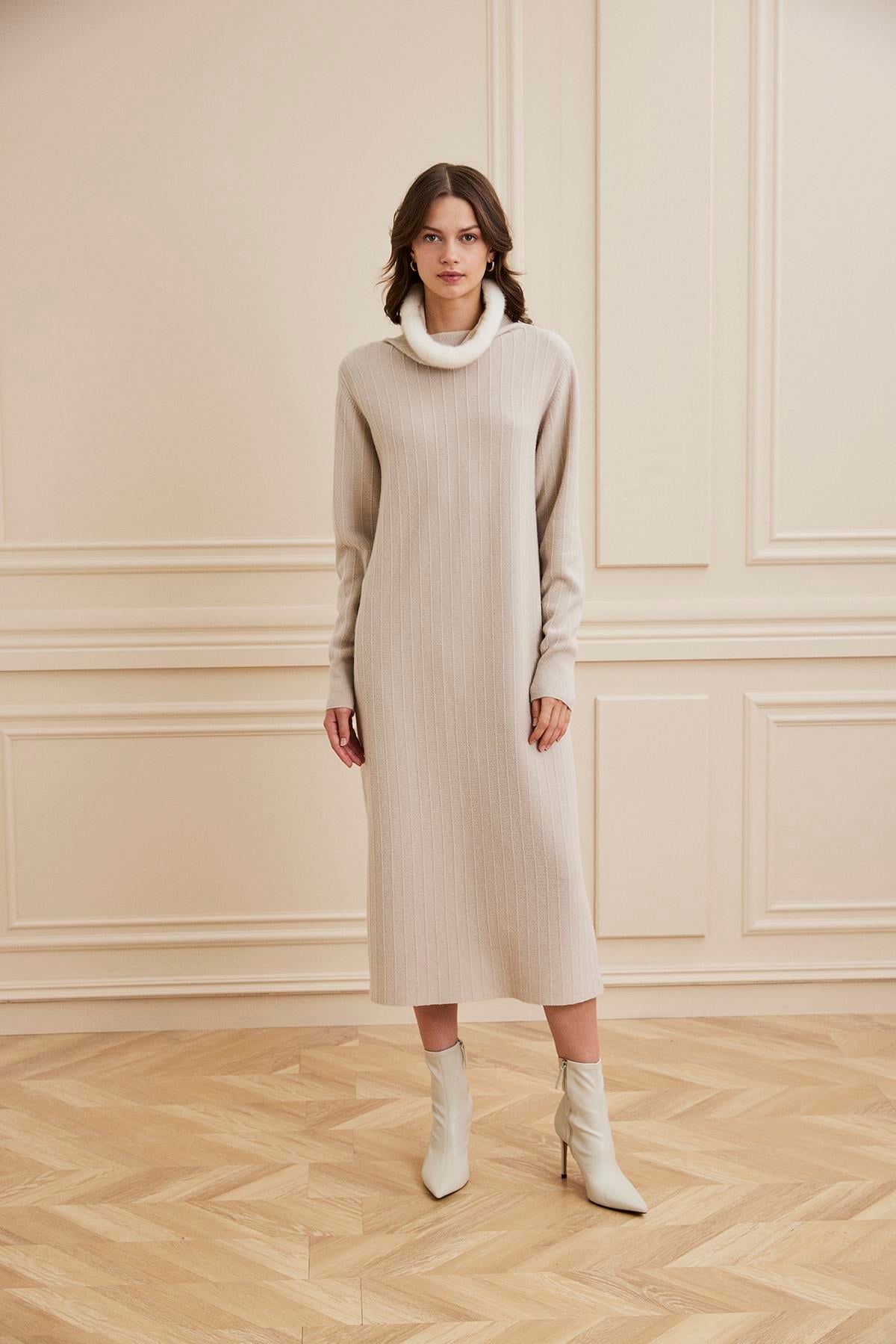 Shaky Women's Knitted Dress With Mink Trimming 40260 Light Grey