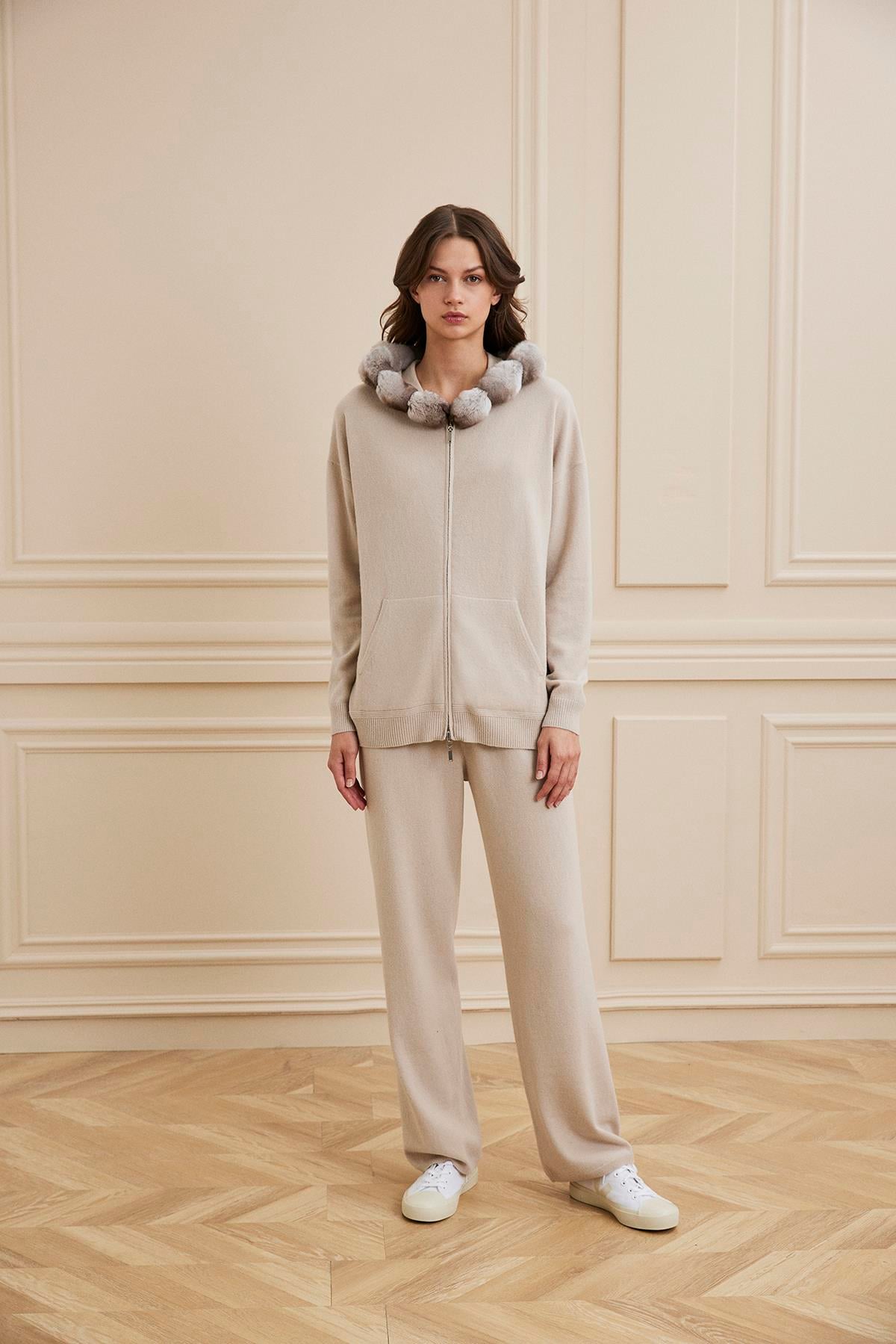 Shaky Women's Knitted Pants and Sweater Set With Chinchilla Trimming 40260 Light Grey