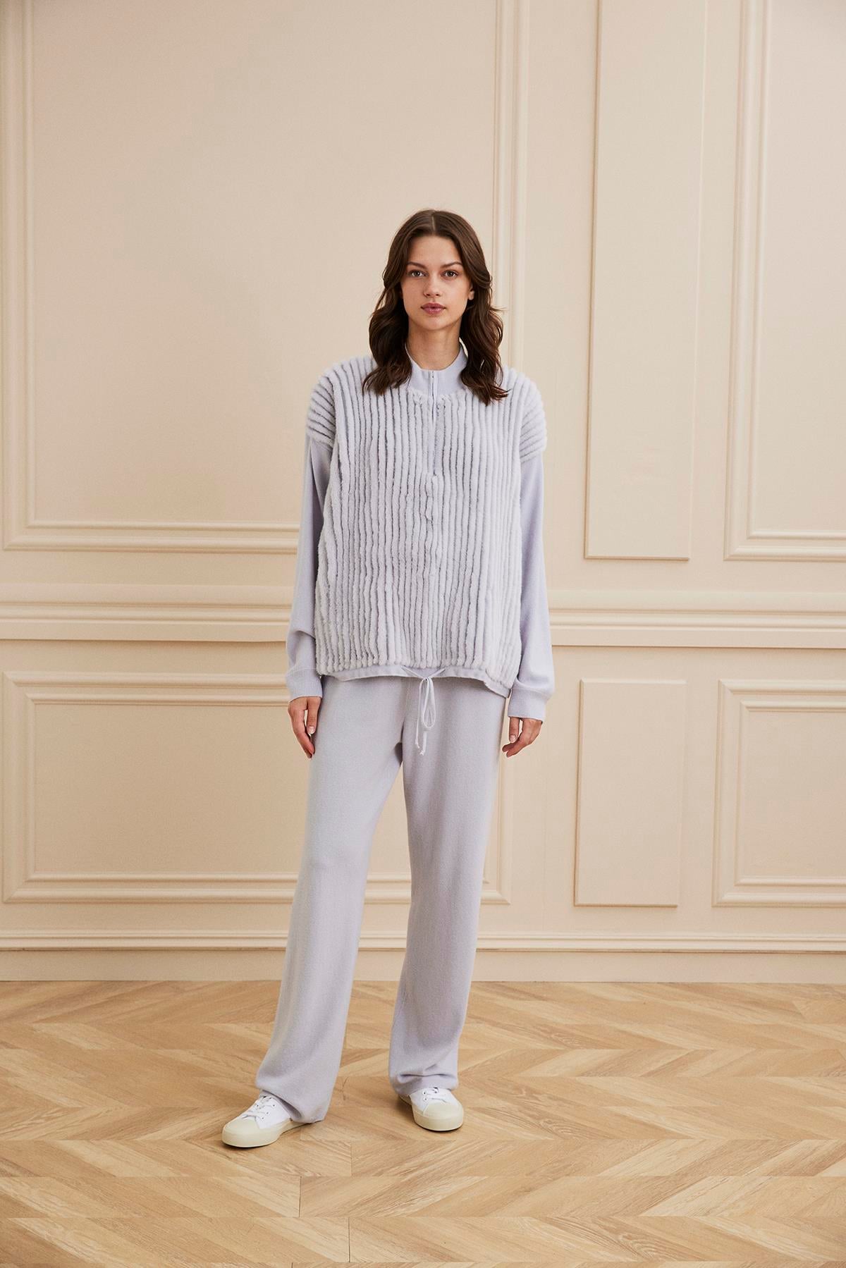 Shaky Women's Knitted Pants and Sweater Set With Mink Trimming Limestone-40180 Calce