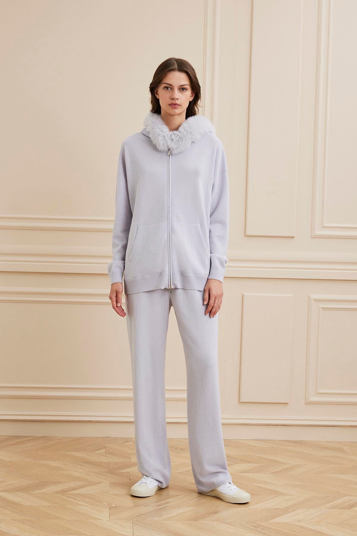 Shaky Women's Knitted Pants and Sweater Set With Fox Trimming Limestone-40180 Calce