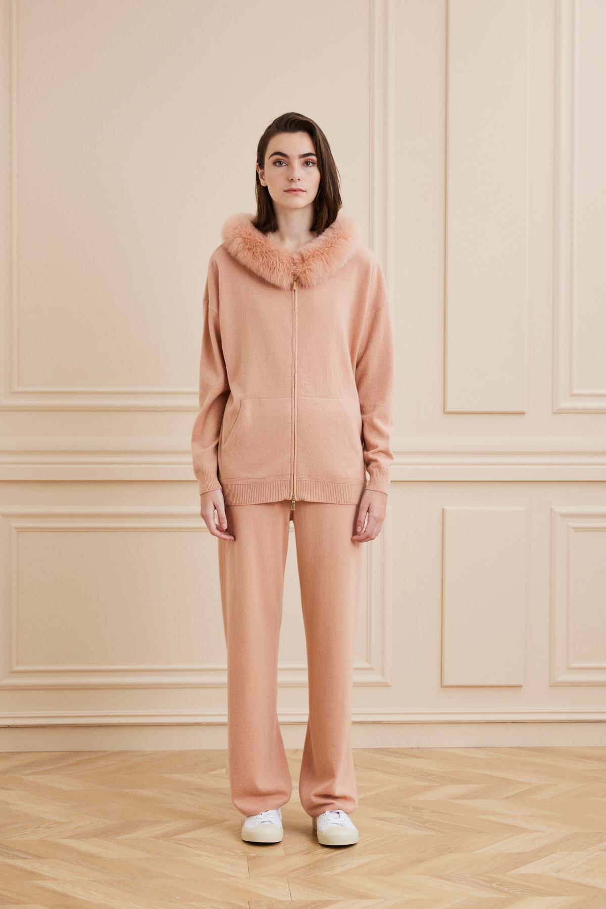 Shaky Women's Knitted Pants and Sweater Set With Fox Trimming Somon 40090 Cameo