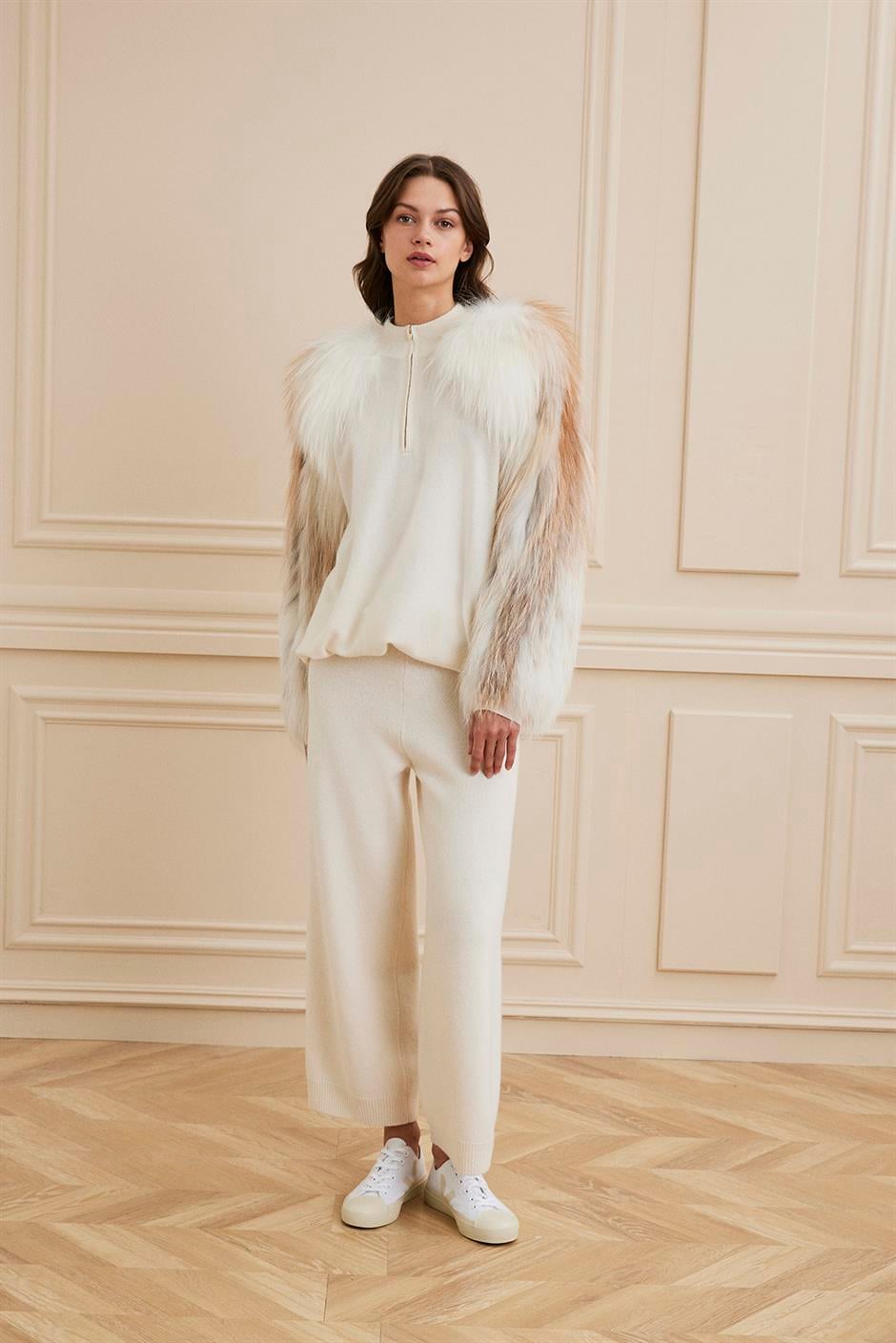 Shaky Women's Knitted Sweatshirt with Fox trimming Off White-50 Bianco