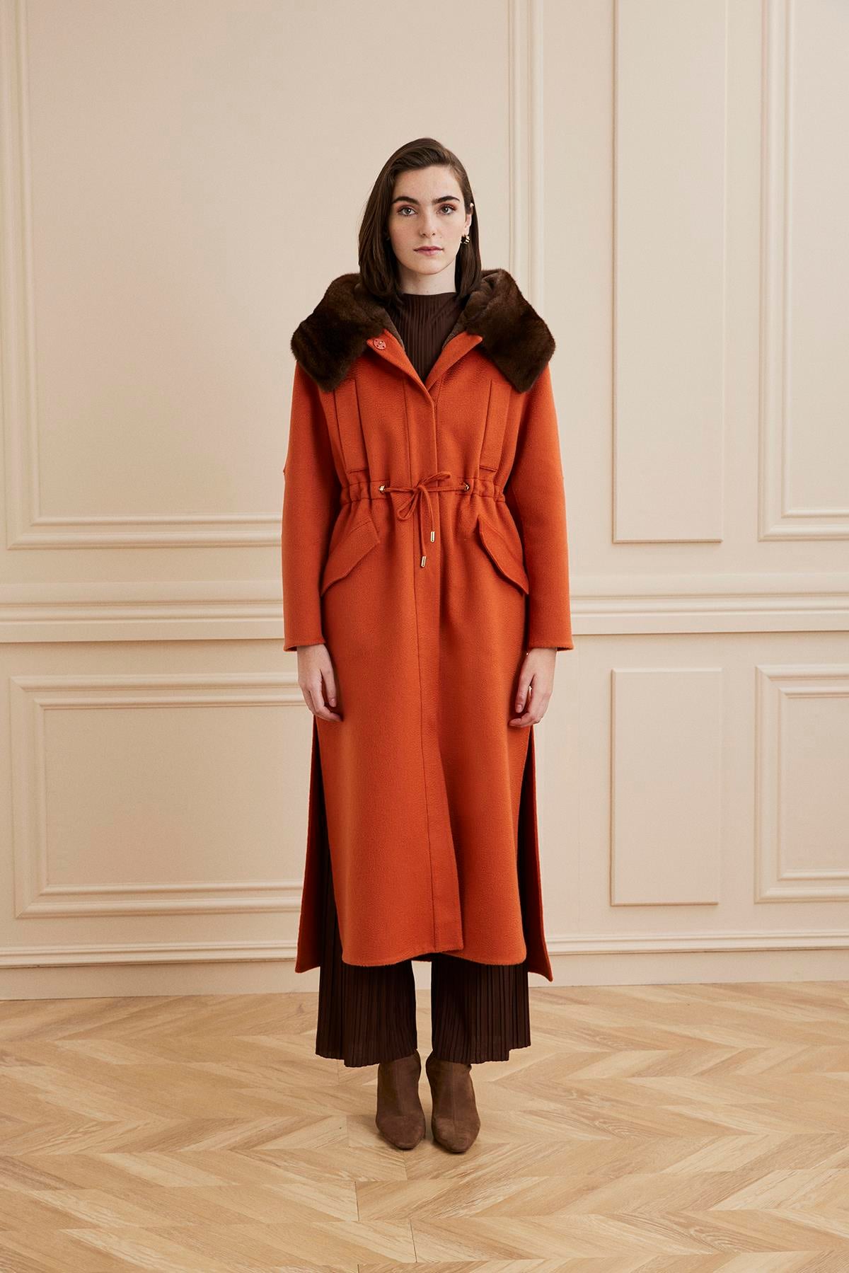 Shaky Women's Lanificio Colombo 100% Cashmere Fabric  Coat With Mink - With Mink Shaved Inside Trimming Orange