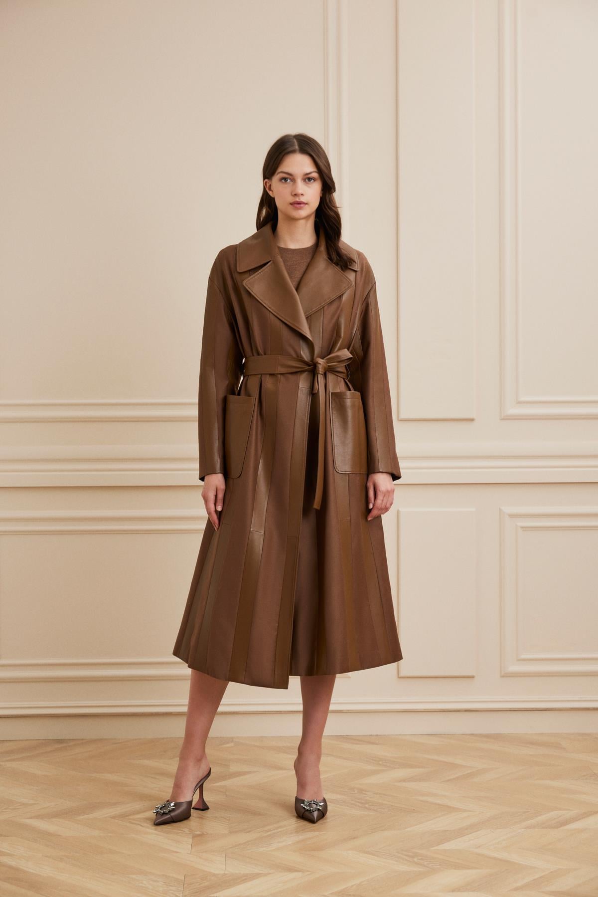 Shaky Women's Leather and Loro Piana 95% Wool 5% Silk Fabric Coat Cognac