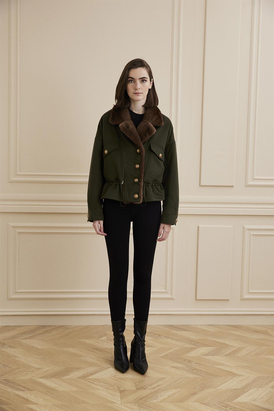 Shaky Women's Loro Piana 100% Cashmere Fabric Jacket with Mink trimming Khaki Green